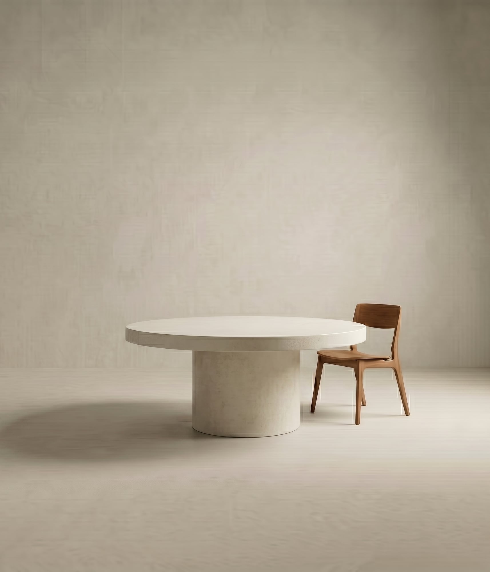 Studio render of the Athina round bone-white concrete dining table with a single timber chair on a soft neutral backdrop