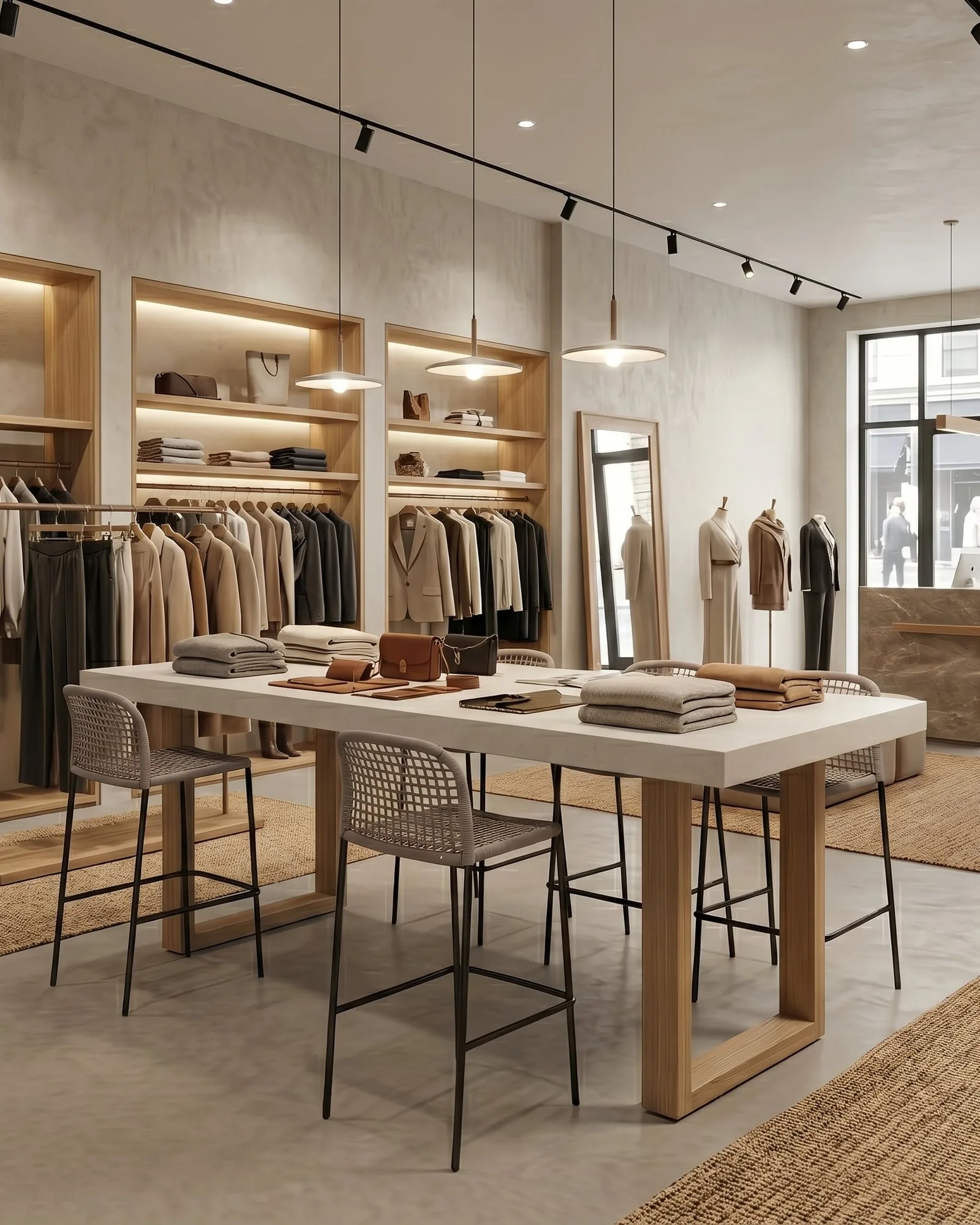 A long bone white concrete bar table on timber legs in a boutique retail interior, four bar stools tucked under, oak shelving and pendant lighting
