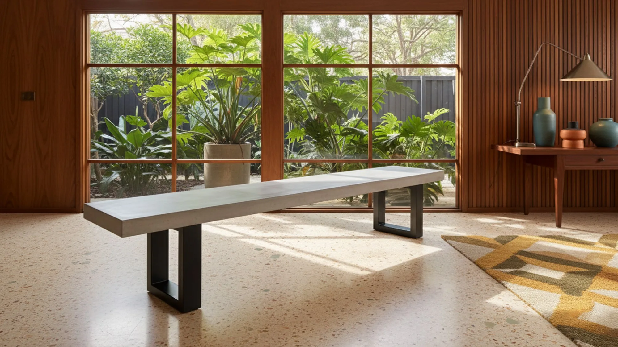 A SnapCo concrete bench seat in a Melbourne mid-century home