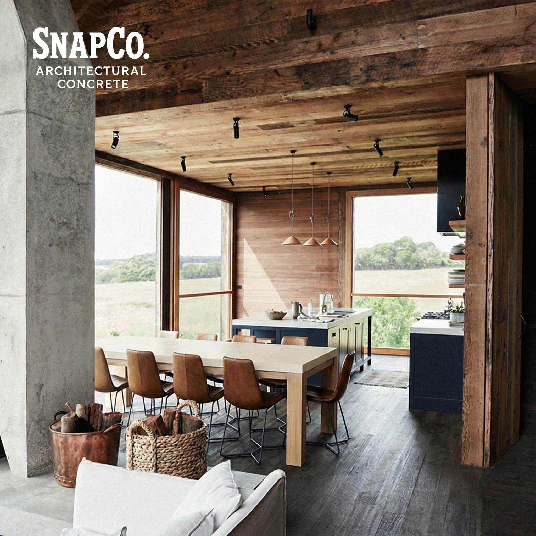 Laconian concrete dining table, bespoke timber and concrete piece, view A