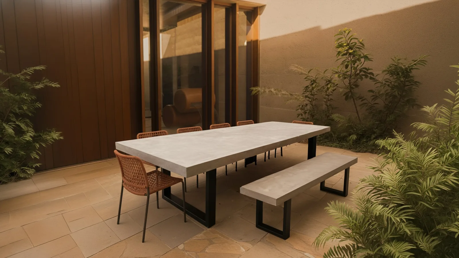 A SnapCo concrete dining table in a Melbourne courtyard