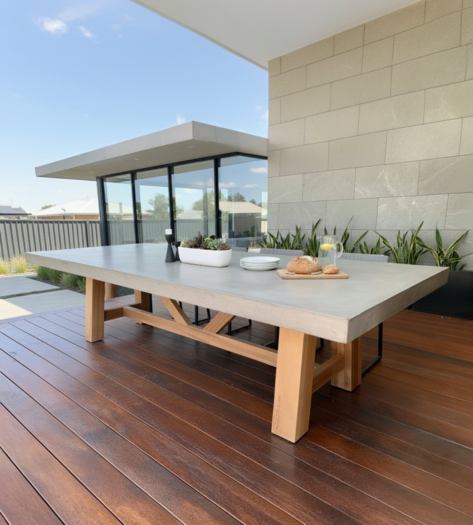 Farmhouse concrete dining table on an outdoor timber deck with succulents and bread setting