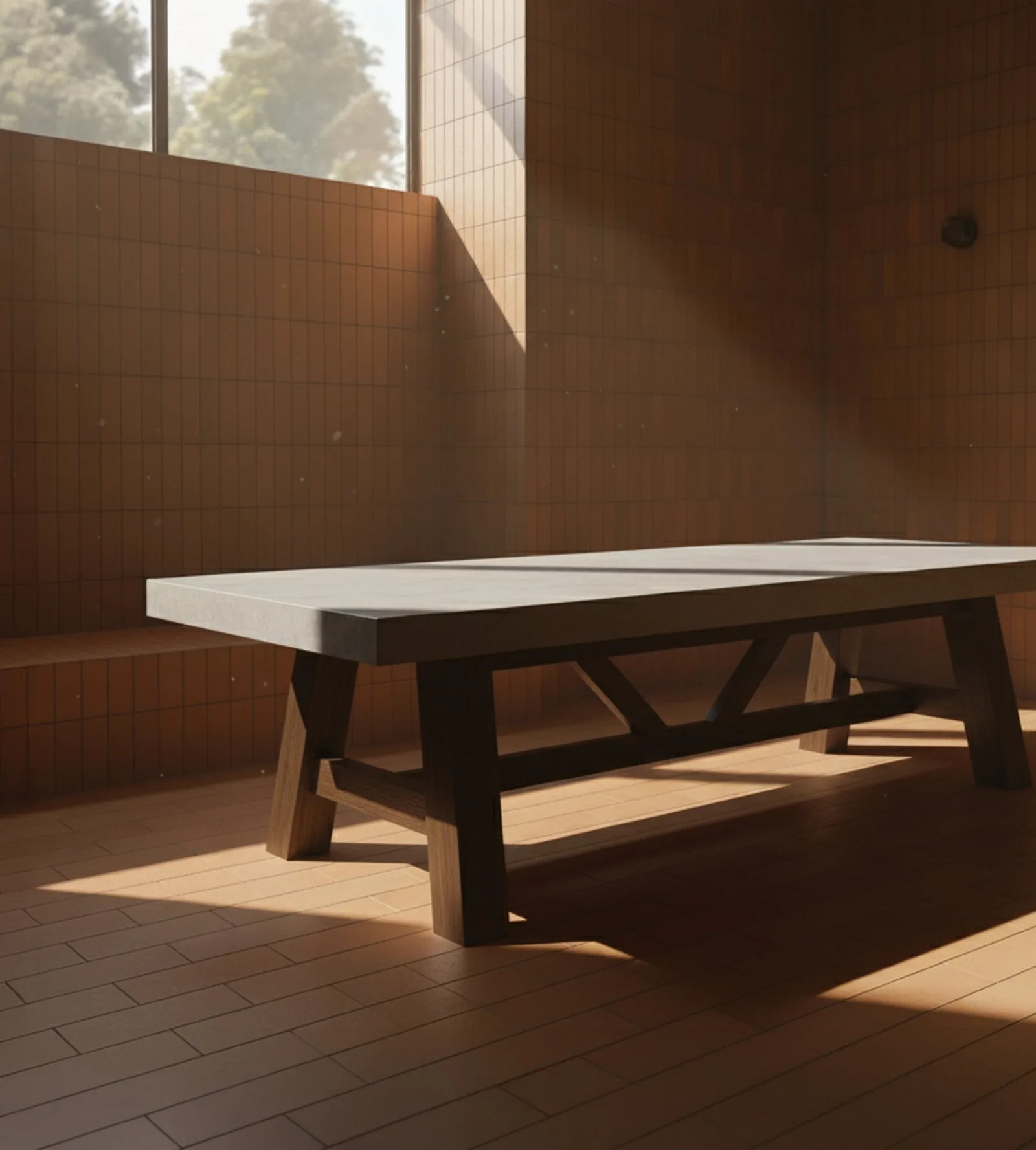 Farmhouse concrete dining table in a terracotta-tile room with window light, alternate angle