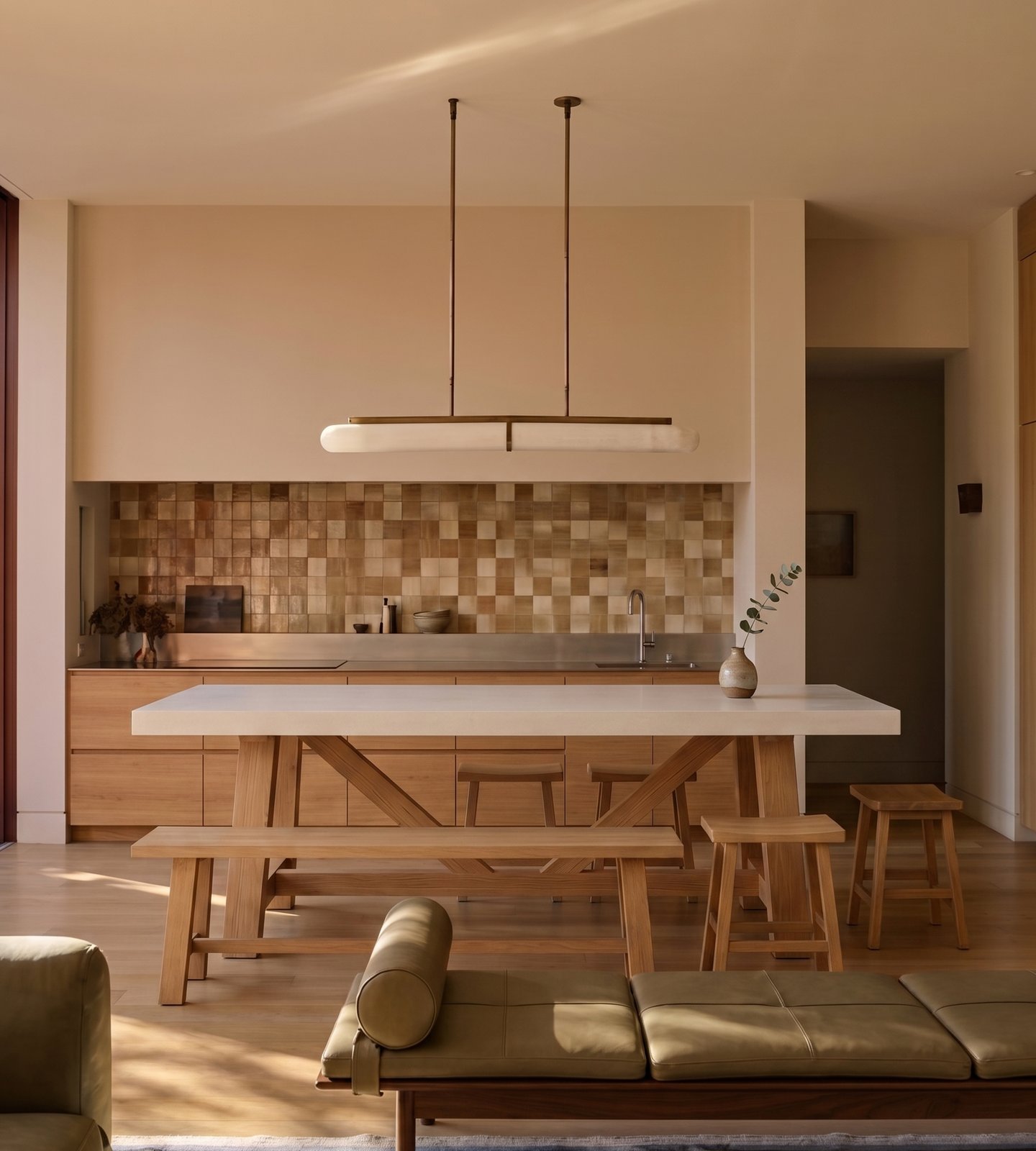 Farmhouse white concrete kitchen island with oak A-frame base, beneath a brass linear pendant against a warm checker tile splashback, dining bench and stools