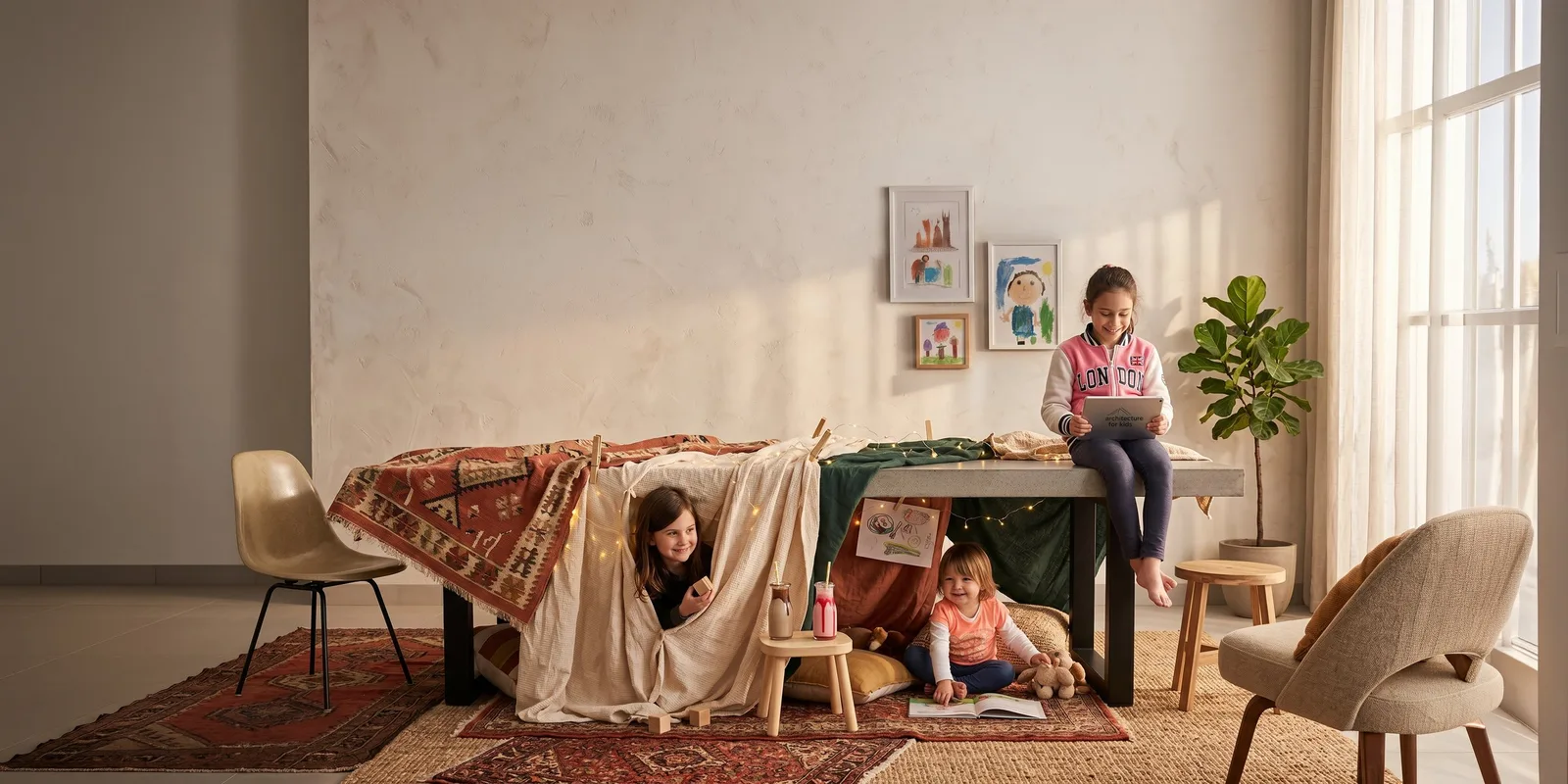 Children playing under a hand-cast concrete dining table, the space where magic happens