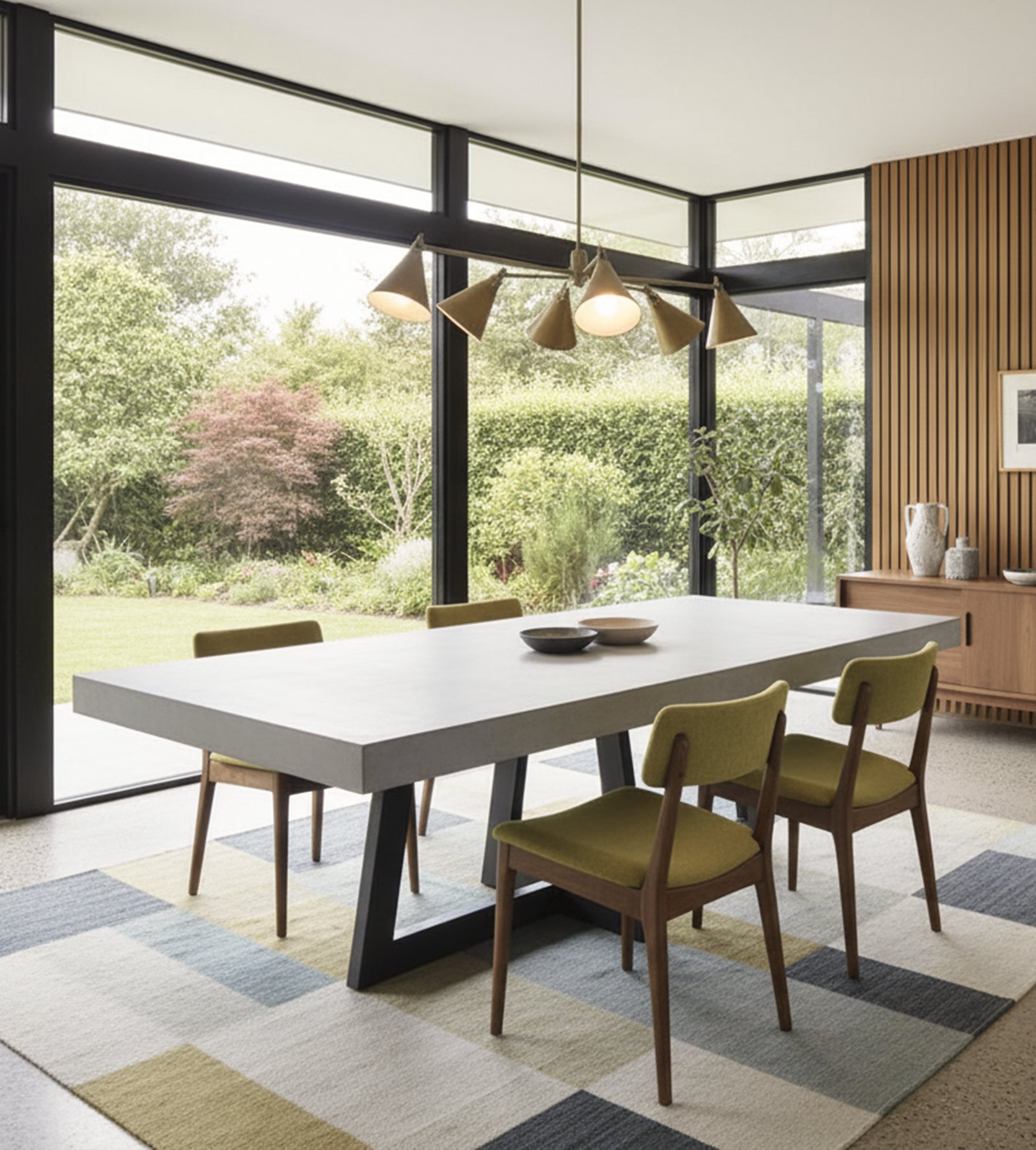 IronCross concrete dining table in a mid-century home with olive-green chairs and garden view
