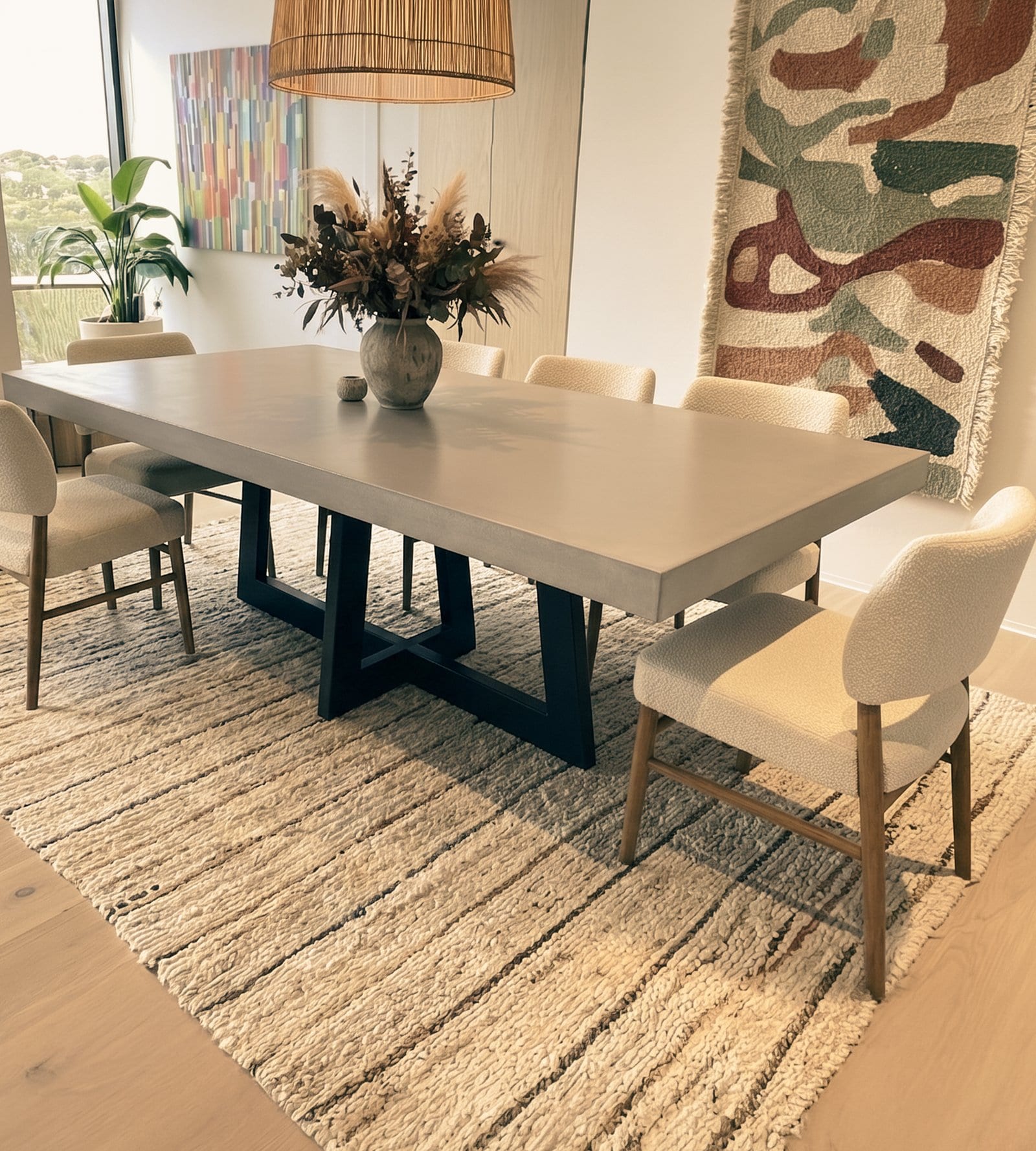 IronCross concrete dining table with boucle chairs, dried-flower vase, and tapestry wall hanging