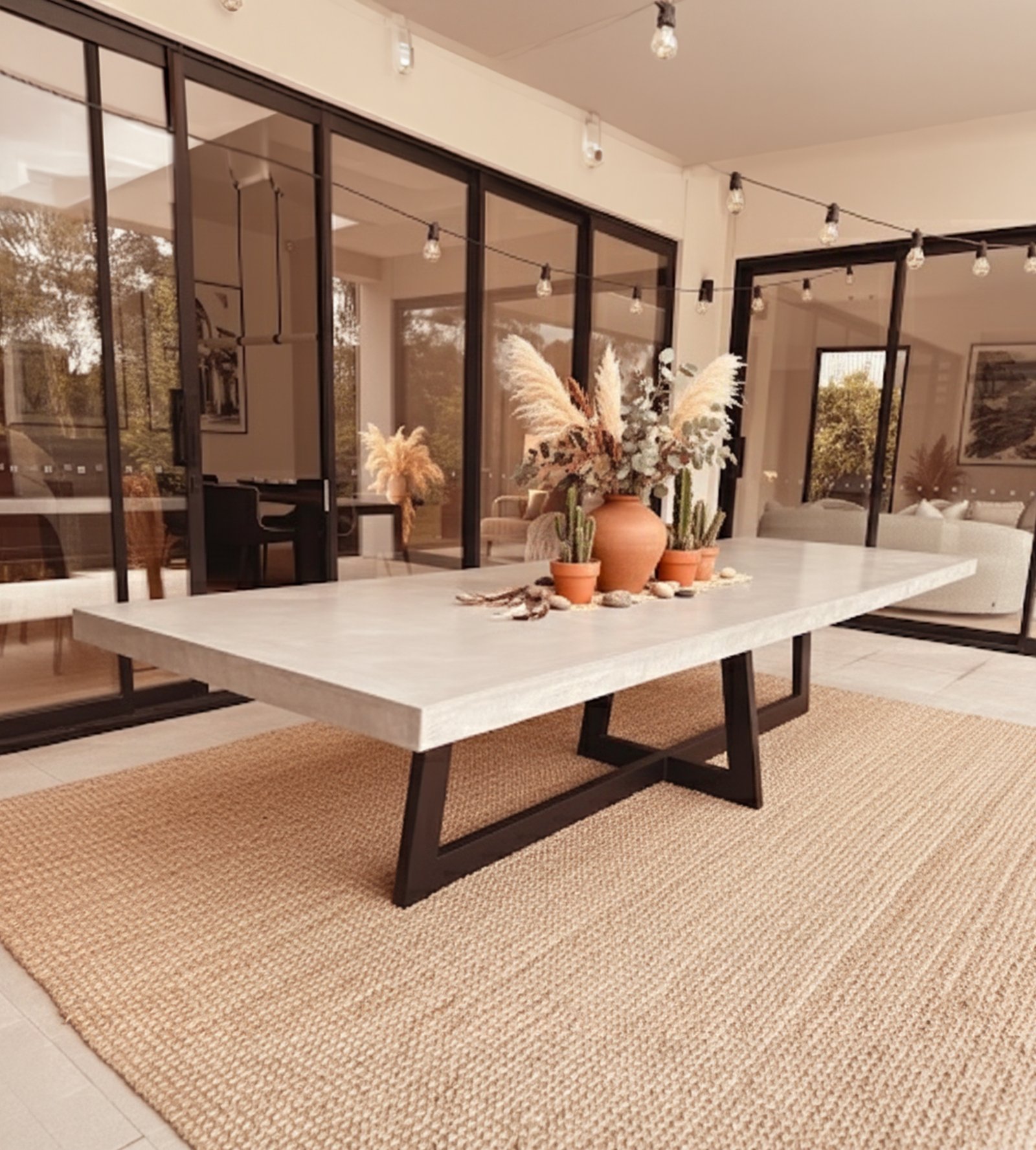 IronCross concrete dining table in a glass-walled room with pampas grass, terracotta urn and cacti styling on a jute rug