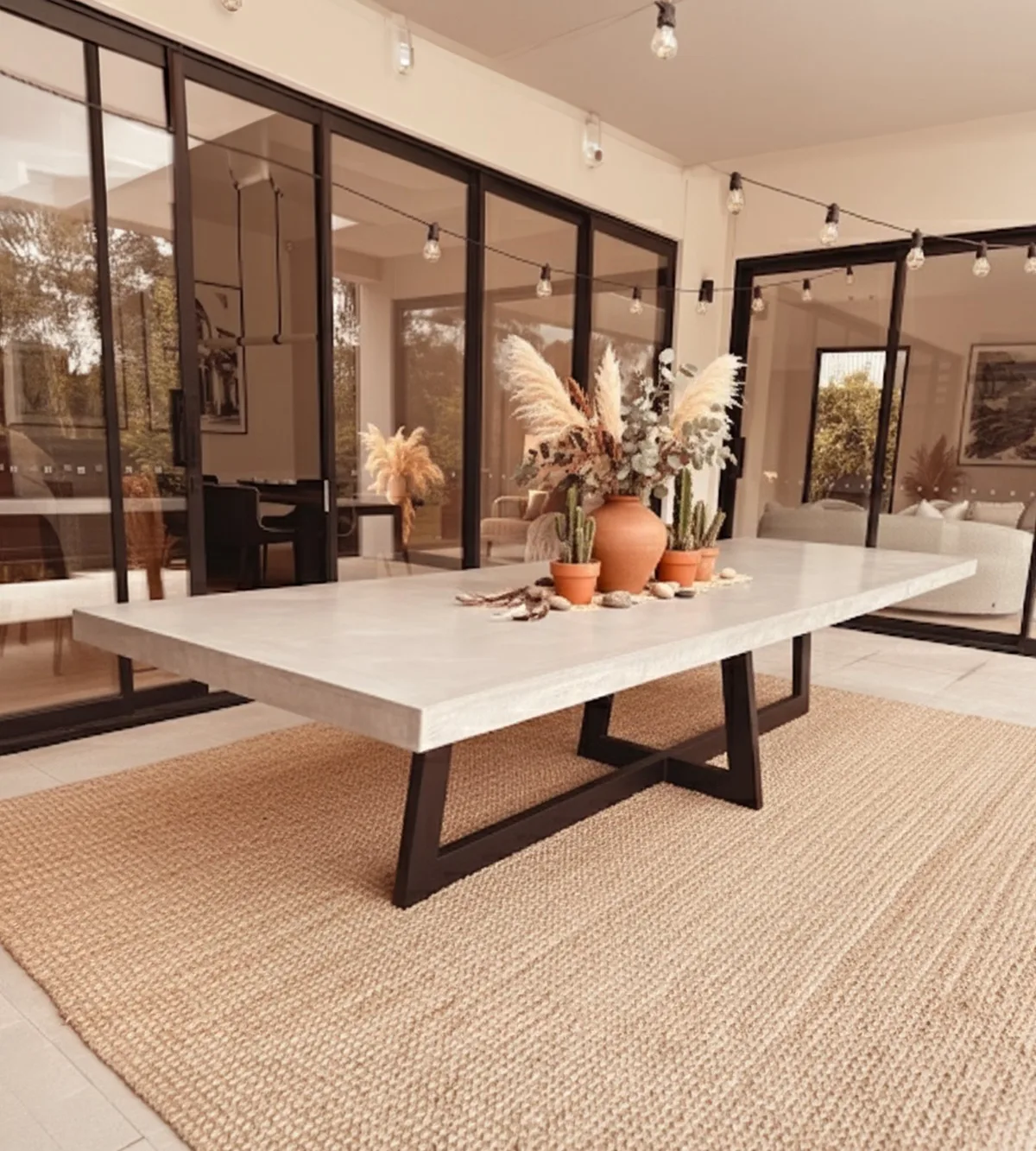 IronCross rectangular concrete dining table by SnapCo on a steel cross trestle base, hand-cast in Mordialloc