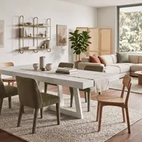 Studio render of the rectangular bone-white IronCross concrete dining table with white steel cross-base and a single walnut chair