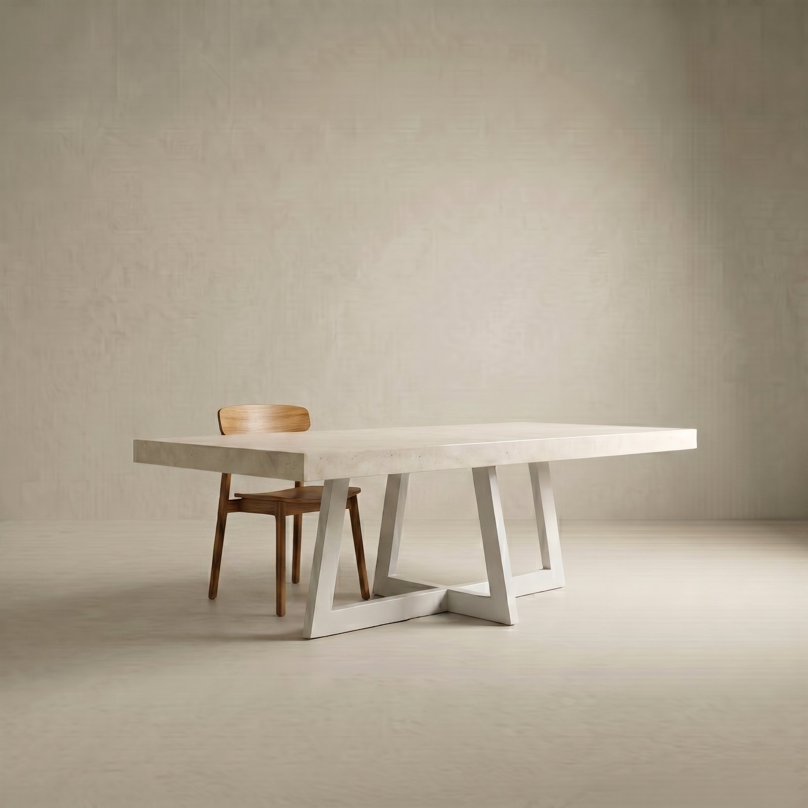 Round white IronCross concrete dining table on a timber deck overlooking a lush cottage garden with black wire chairs