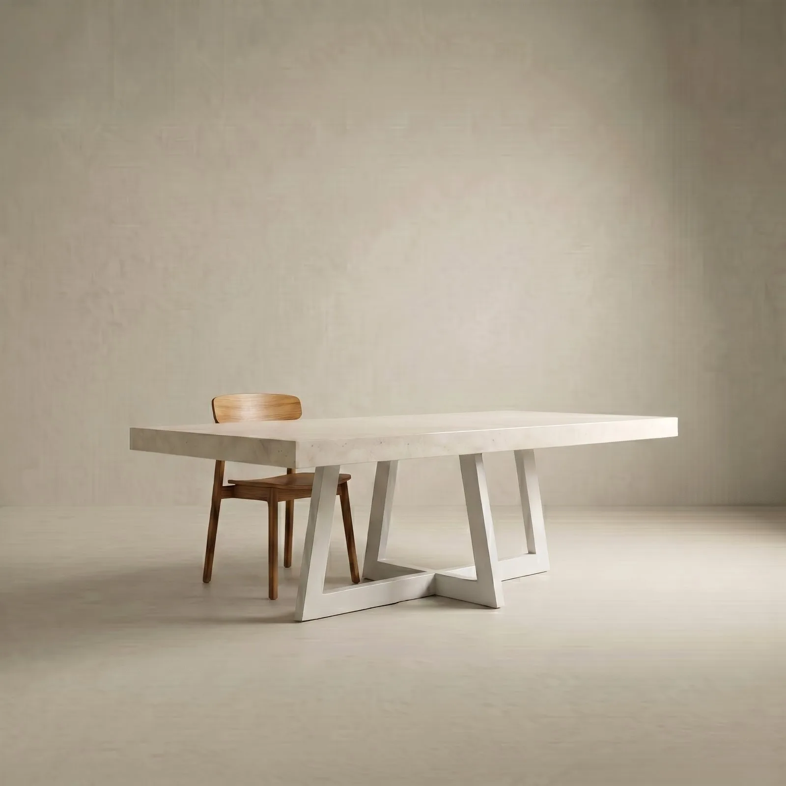 Round white IronCross concrete dining table on a timber deck overlooking a lush cottage garden with black wire chairs