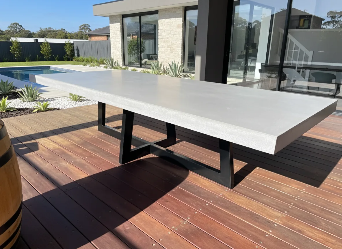 Rectangular IronCross concrete dining table with bone-white top and black steel cross-base on a hardwood pool deck