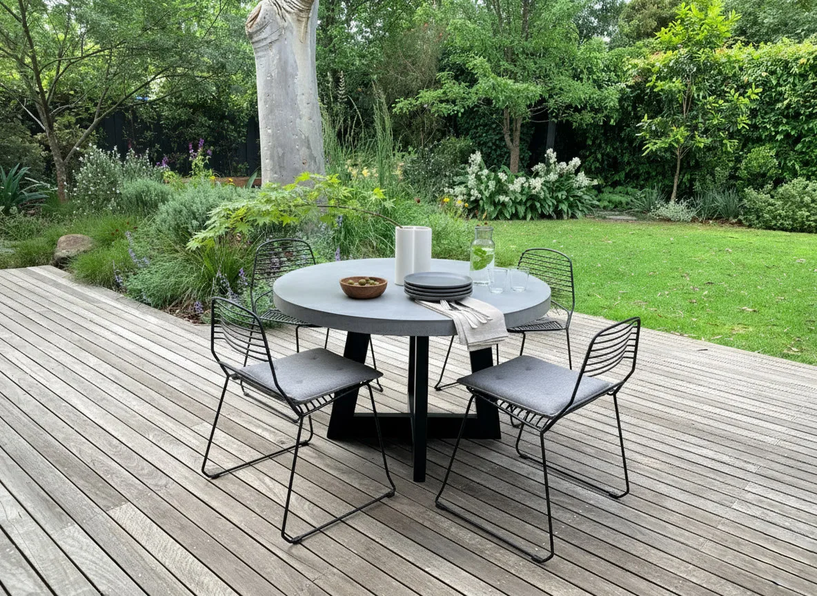 Round IronCross concrete dining table on a timber deck in a leafy garden, paired with black wire dining chairs