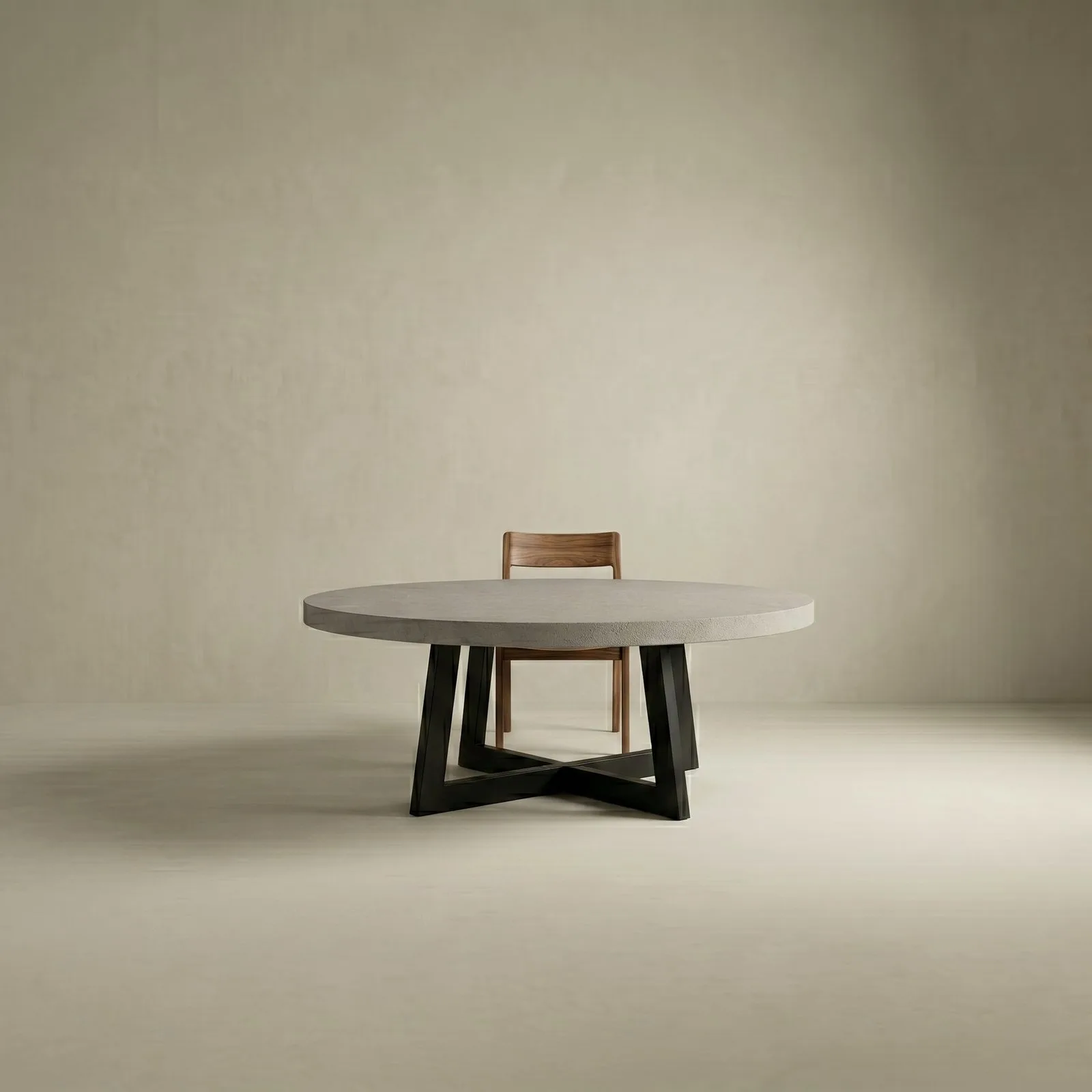 Studio render of the round IronCross concrete dining table on its black steel cross-base, paired with a single timber chair