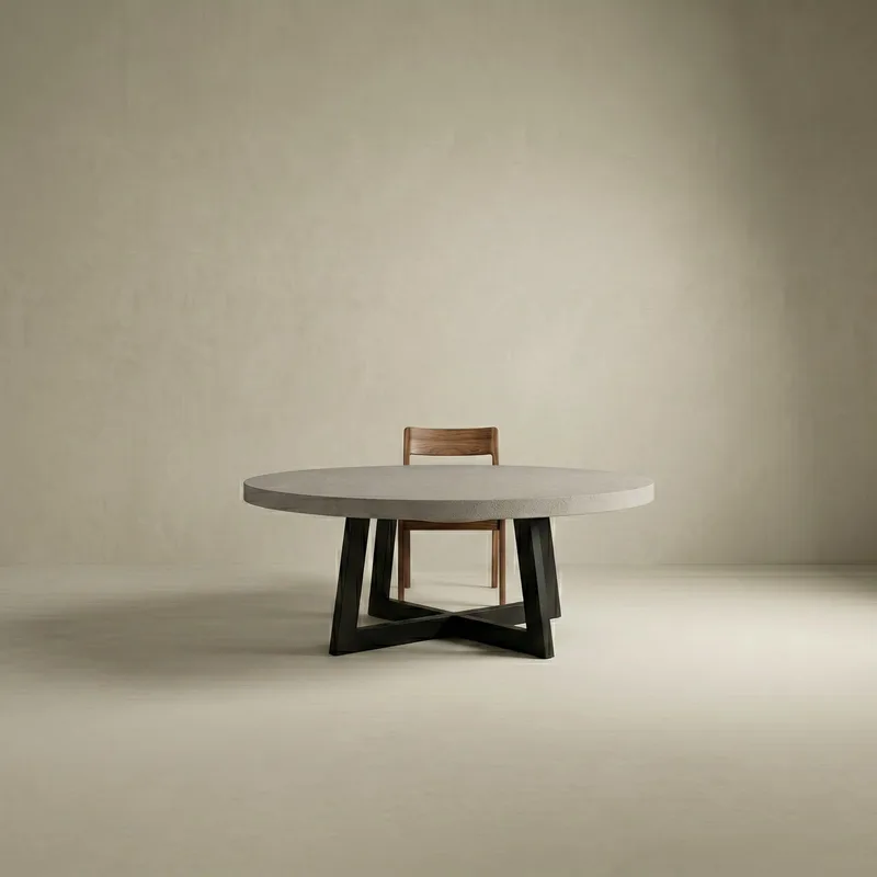 Studio render of the round IronCross concrete dining table on its black steel cross-base, paired with a single timber chair