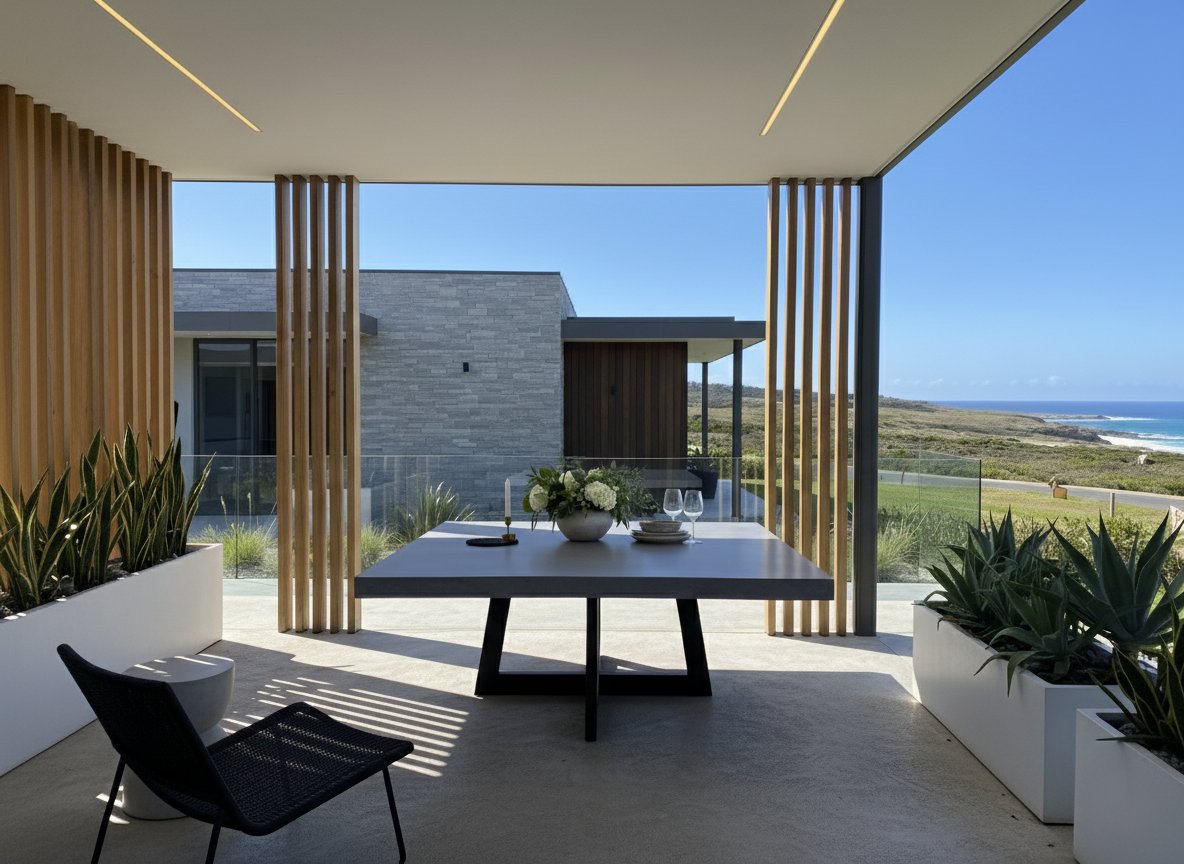 Square IronCross concrete dining table on a coastal patio with timber-batten screens, ocean view and agave planters
