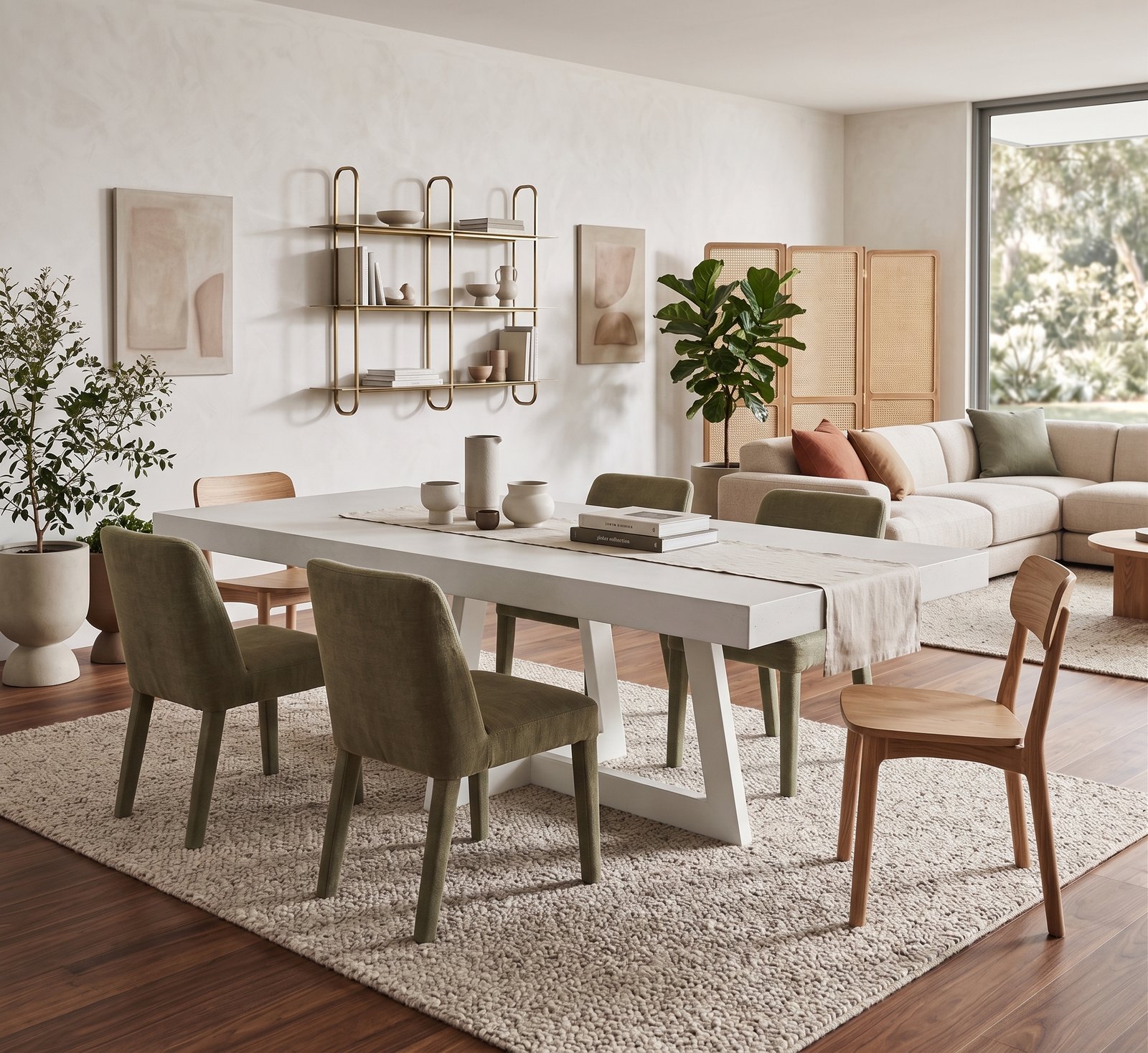 IronCross concrete dining table in an open-plan living room with olive-green velvet dining chairs, oak chair, brass shelving and linen sofa
