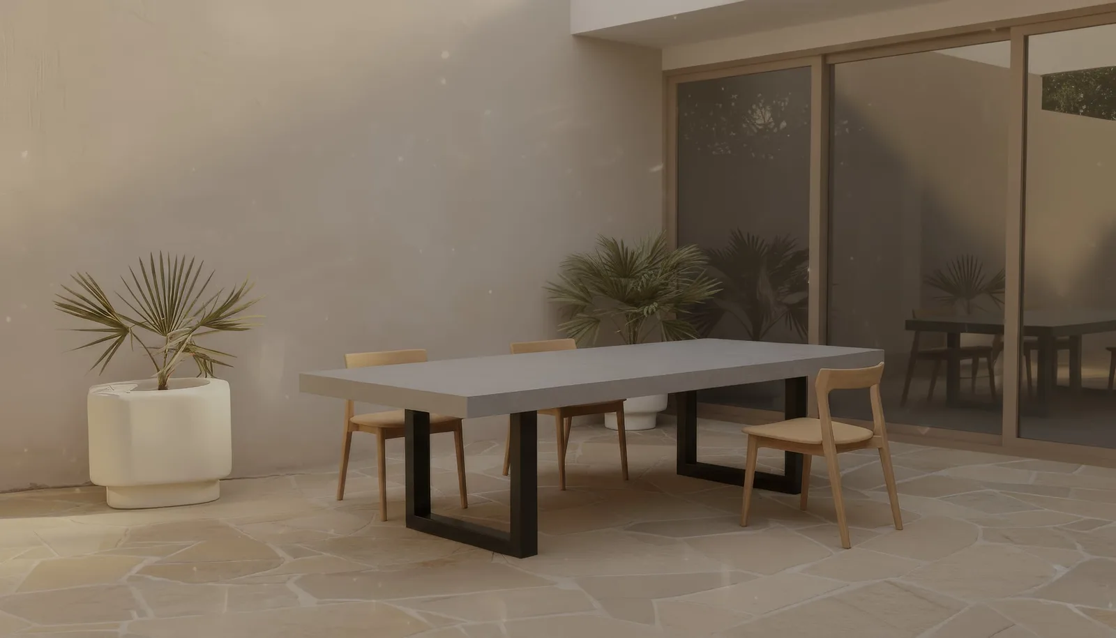 IronStone concrete dining table with a hand-cast top and black steel cross base, made-to-order by SnapCo in Mordialloc