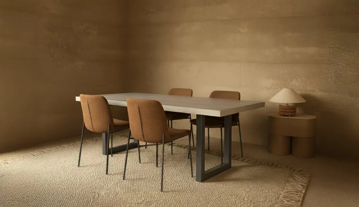 IronStone concrete dining table by SnapCo, hand-cast in Mordialloc with a charcoal top and black steel cross base, styled in a rammed-earth dining room