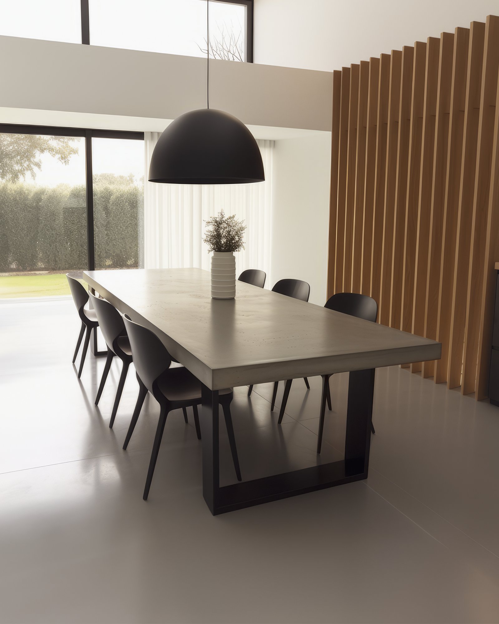 IronStone concrete dining table in a high-ceiling dining room with oak slatted partition and black pendant