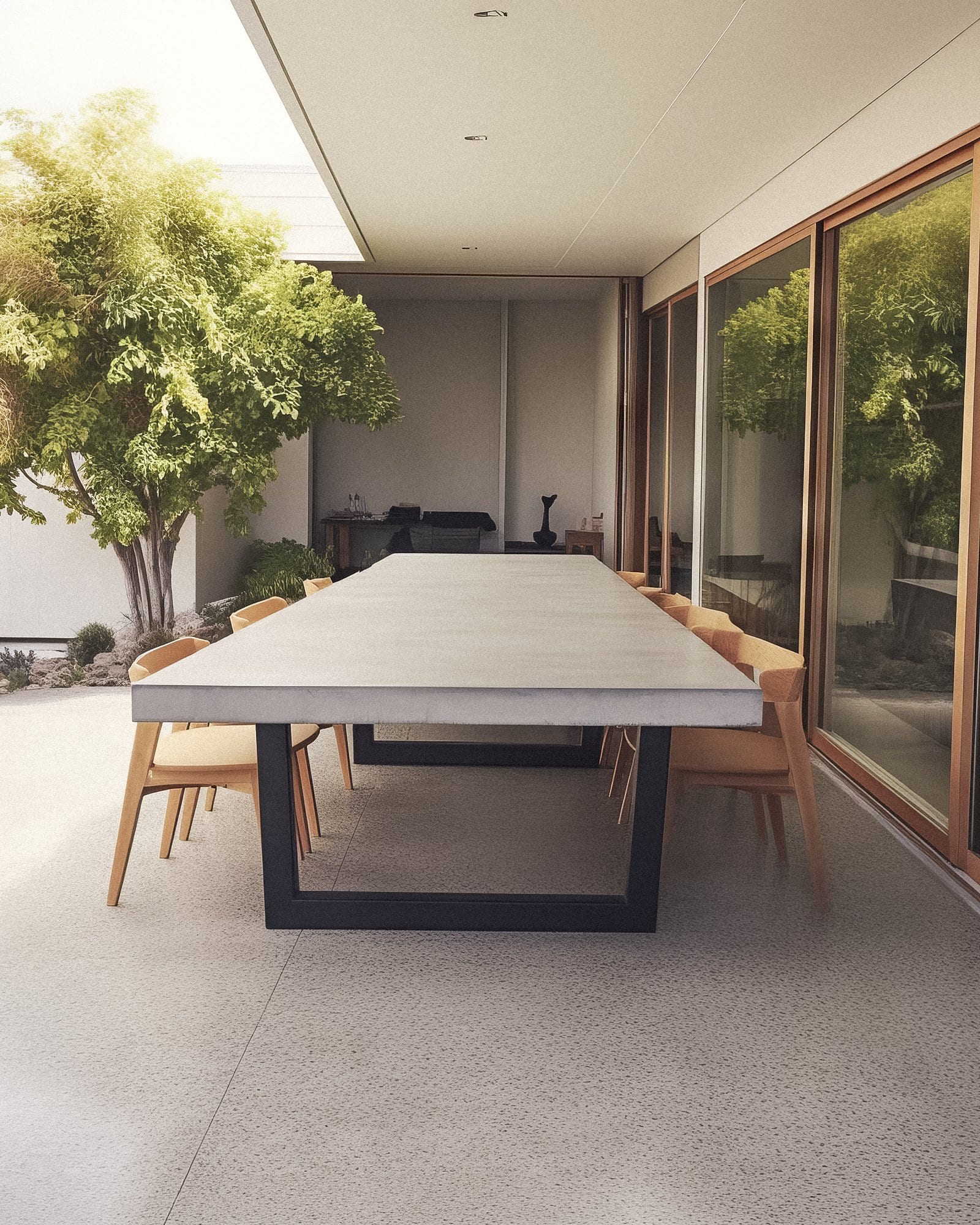 IronStone concrete dining table on a sunlit courtyard patio with timber chairs