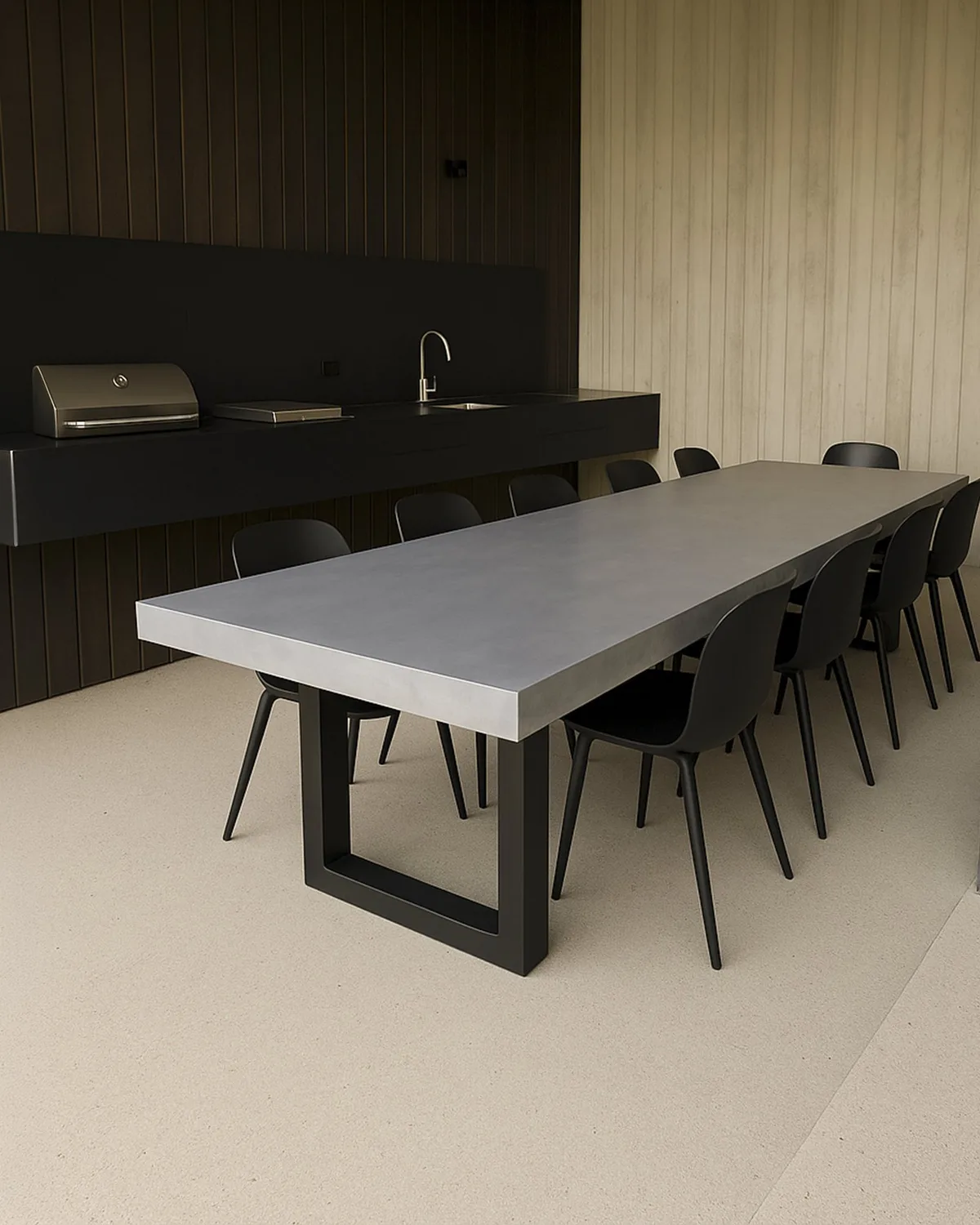 IronStone concrete dining table by SnapCo with a hand-cast charcoal top and black steel cross base