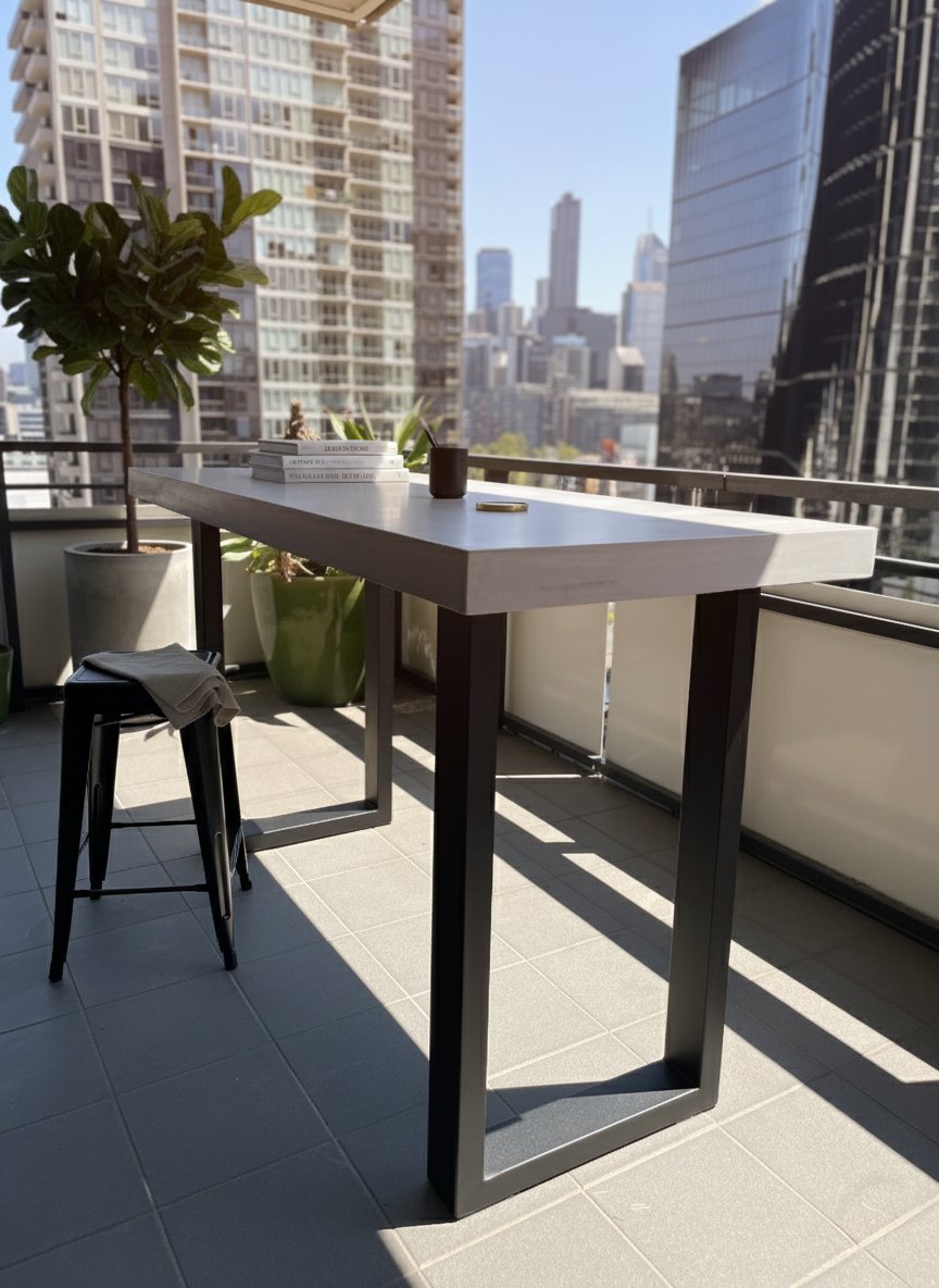 IronStone concrete bar table on a Melbourne high-rise balcony with city skyline behind