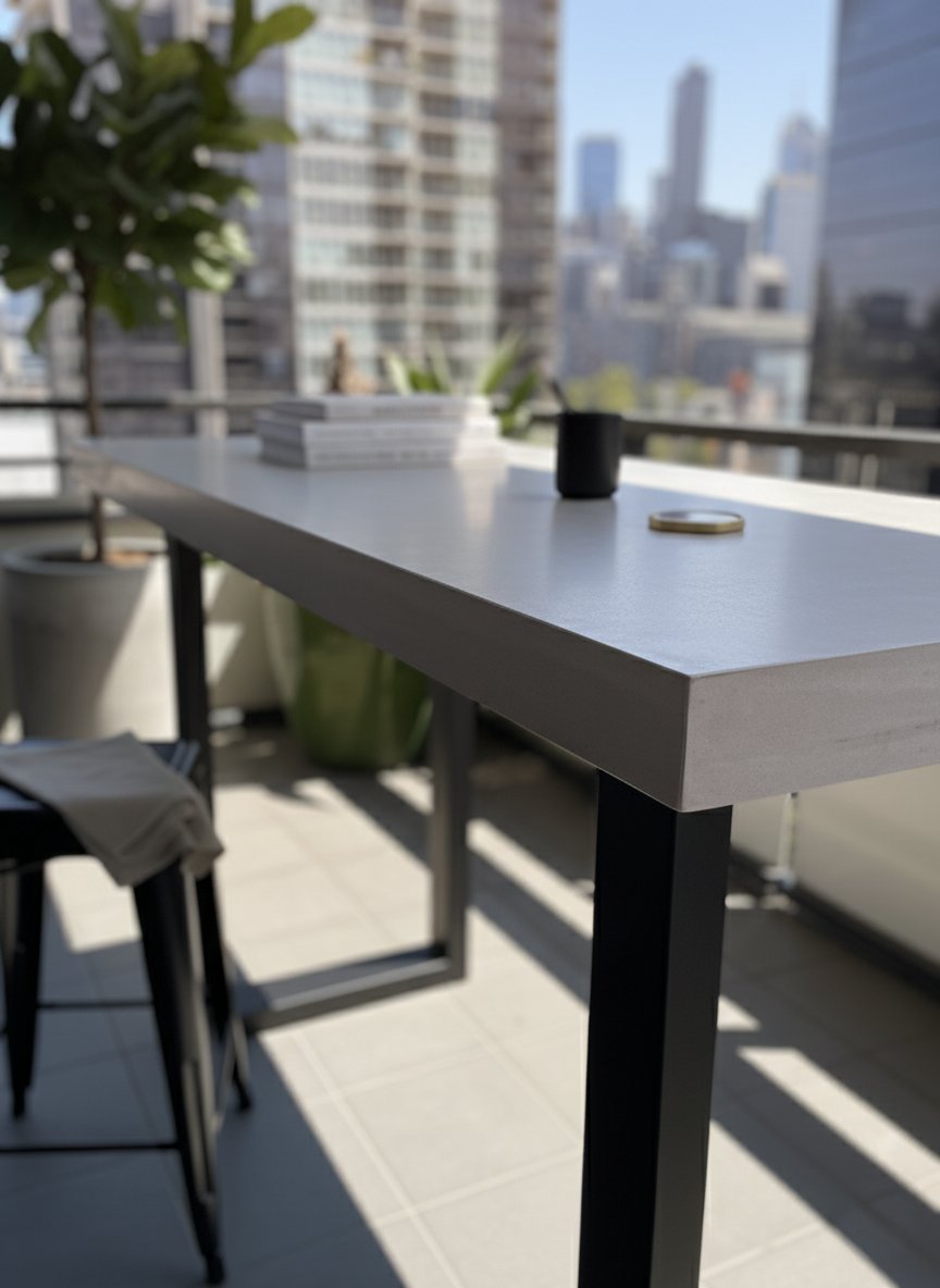 Close-up detail of the IronStone concrete bar table edge with black steel sled base