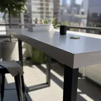 Close-up detail of the IronStone concrete bar table edge with black steel sled base