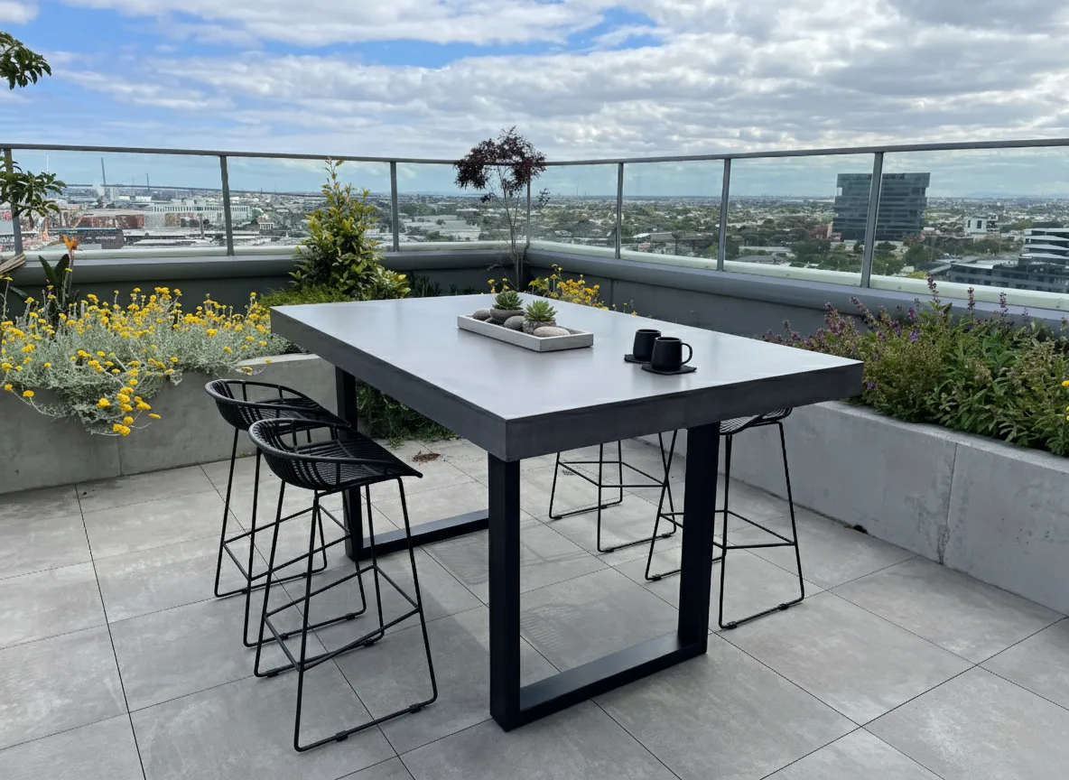IronStone concrete bar table on a Melbourne rooftop terrace with city skyline and yellow flowering planters, paired with black wire bar stools