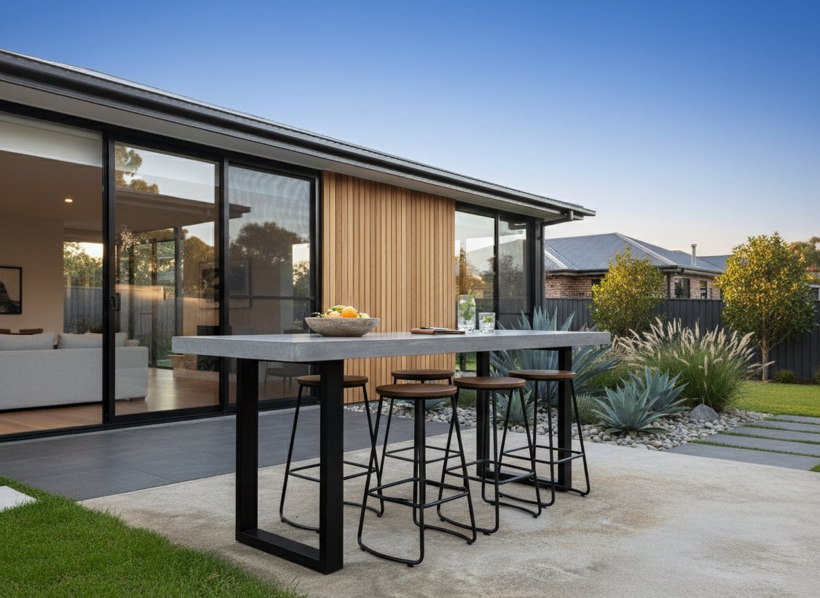 Outdoor IronStone concrete bar table with four black metal stools and timber seats at dusk