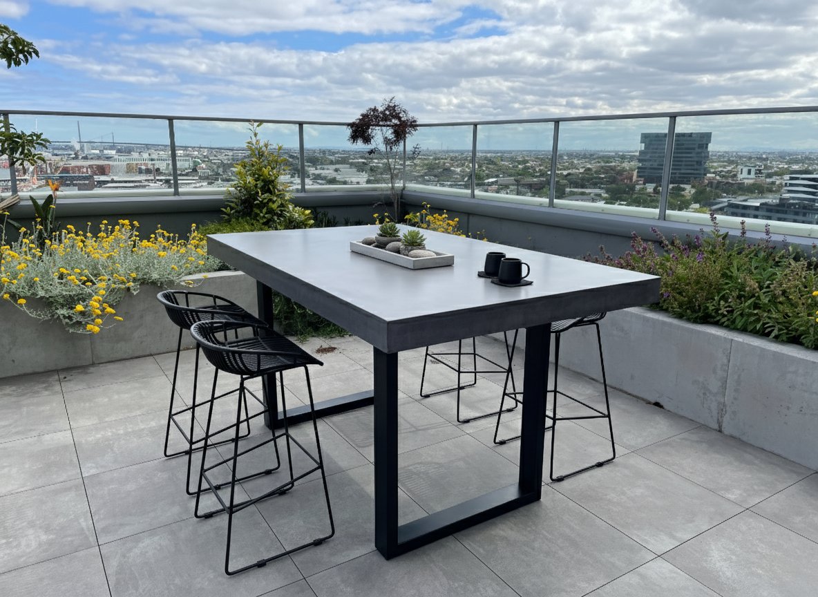 IronStone concrete bar table on a rooftop terrace with black wire stools and Melbourne view