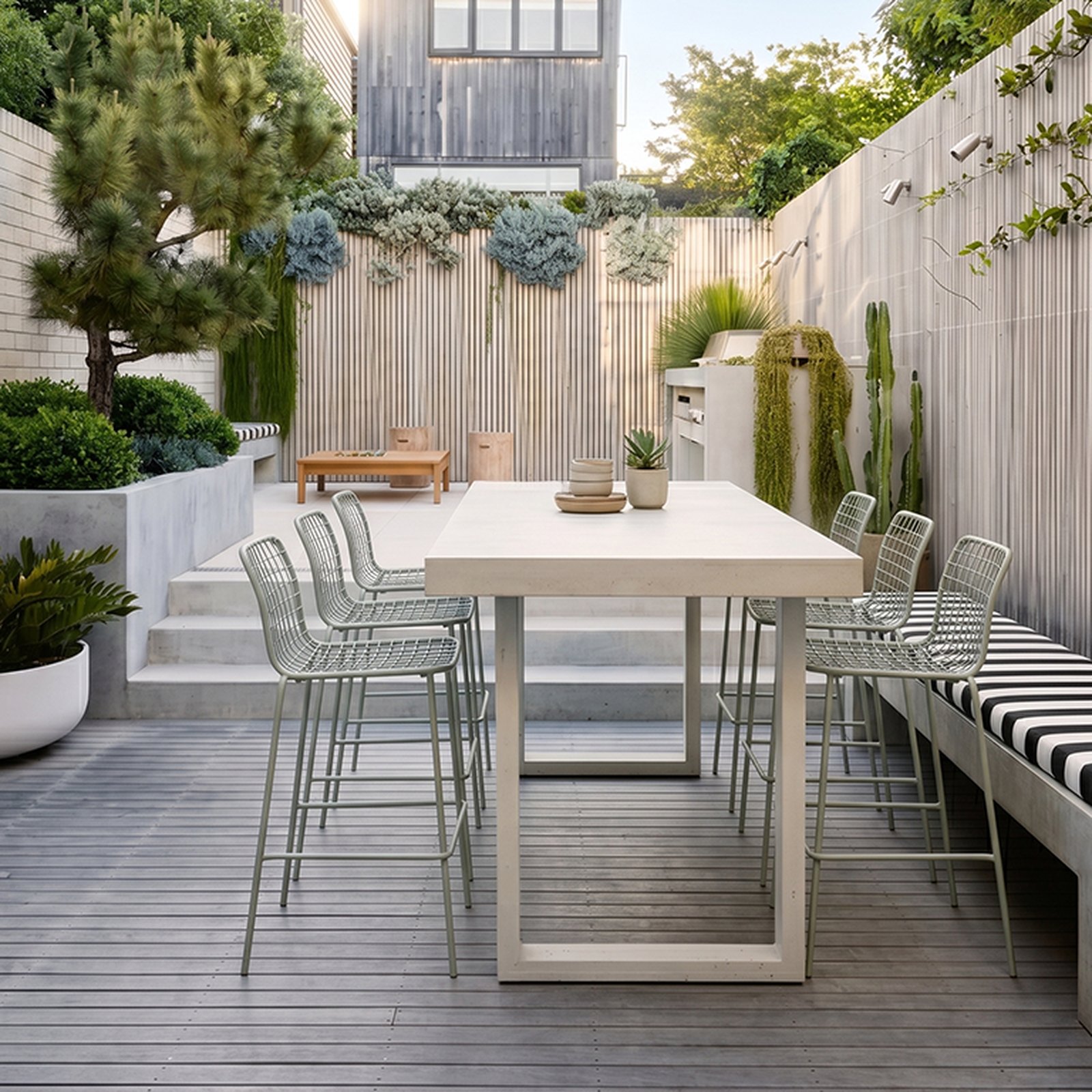 IronStone white concrete bar table in a sunlit courtyard with sage-green wire bar stools, a striped bench, succulent planters and a timber-batten screen wall