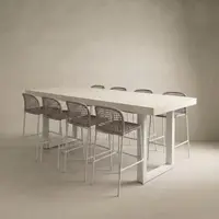 IronStone concrete bar table in bone white with white powdercoated steel legs and rope-back bar stools, studio render on a soft neutral backdrop