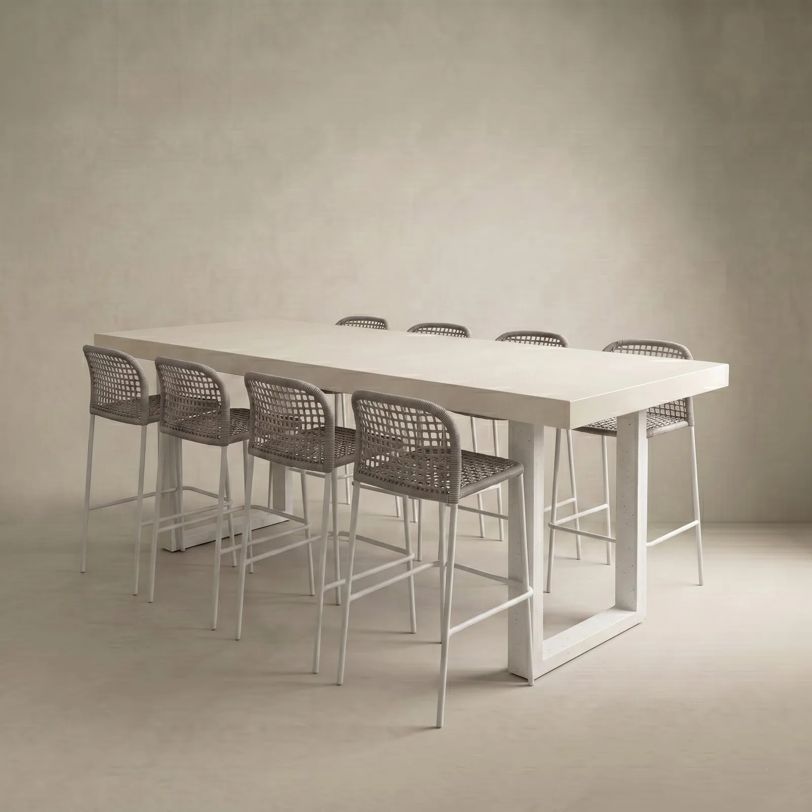 IronStone concrete bar table in bone white with white powdercoated steel legs and rope-back bar stools, studio render on a soft neutral backdrop