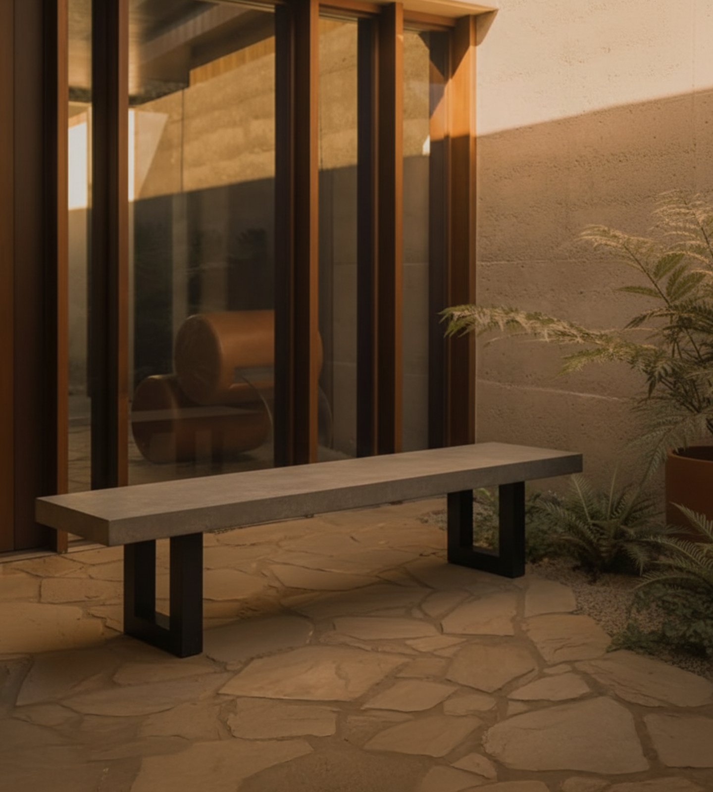 IronStone concrete bench seat on a flagstone courtyard at golden hour, fern beside an architectural timber-framed window