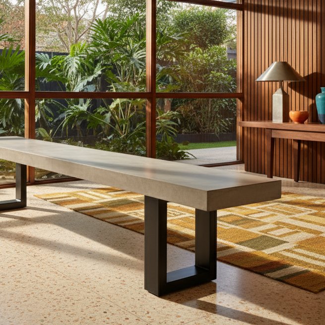 IronStone concrete bench seat in a mid-century interior with timber slat wall, terrazzo floor and garden view