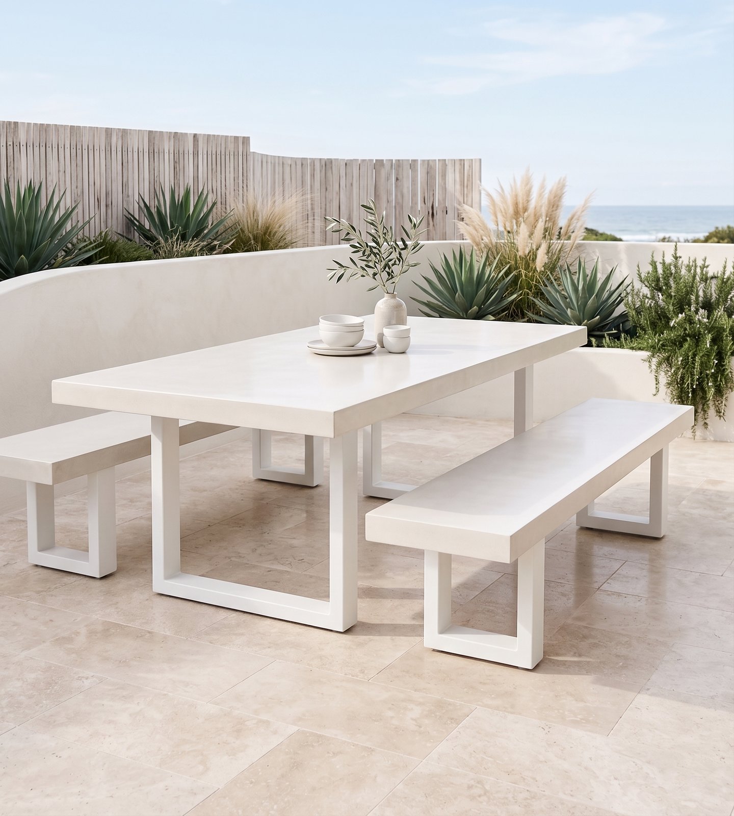 White IronStone concrete dining table and bench seat on a coastal terrace with agaves, pampas grass and ocean view