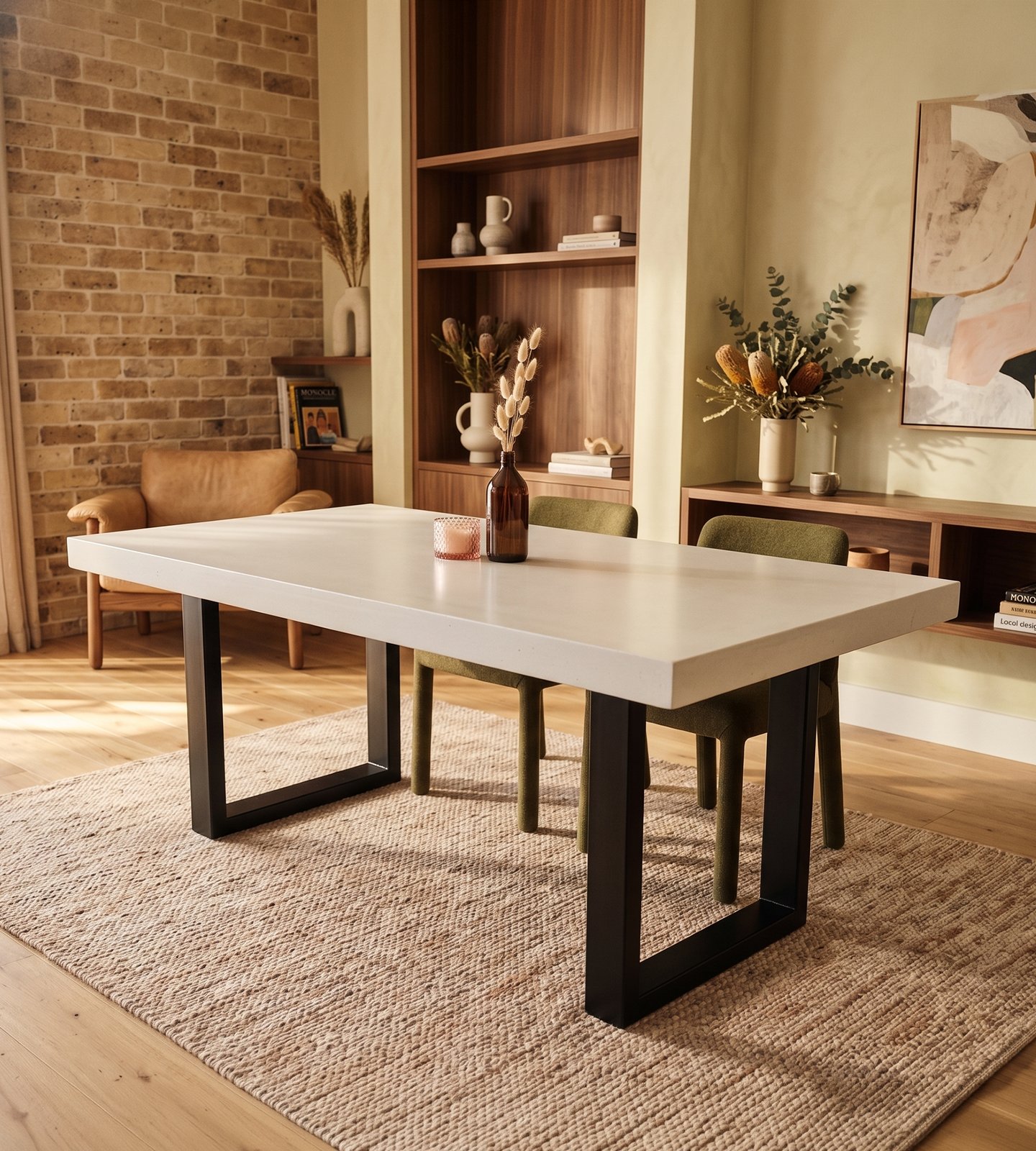 White IronStone concrete dining table in a brick-and-walnut living-dining room with olive velvet chairs
