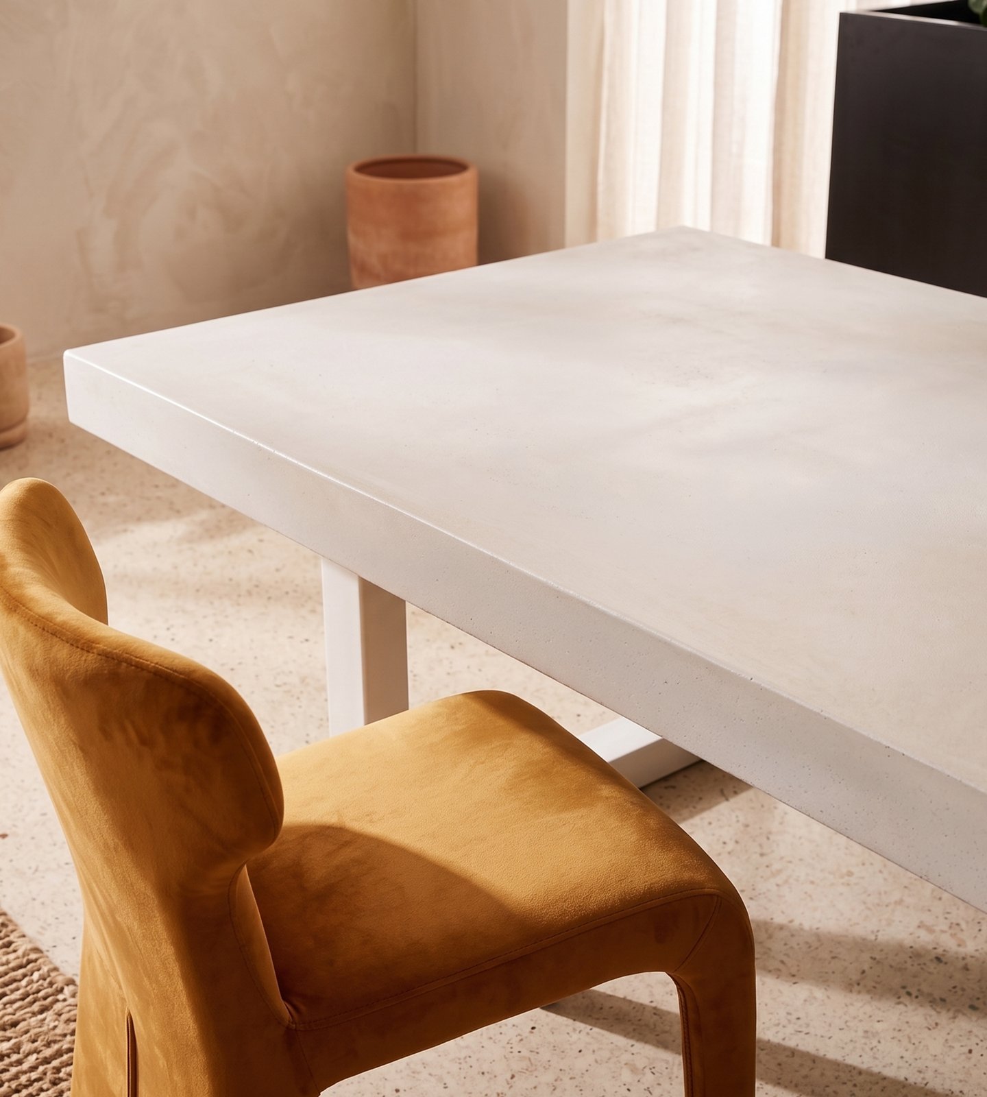 Close-up of the bone-white IronStone concrete dining table edge with white steel sled leg and mustard velvet chair