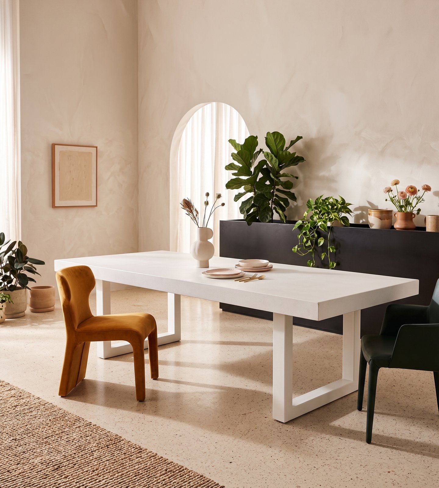 White IronStone concrete dining table in a sunlit plaster interior with arched window, fiddle-leaf fig and mustard wing chair