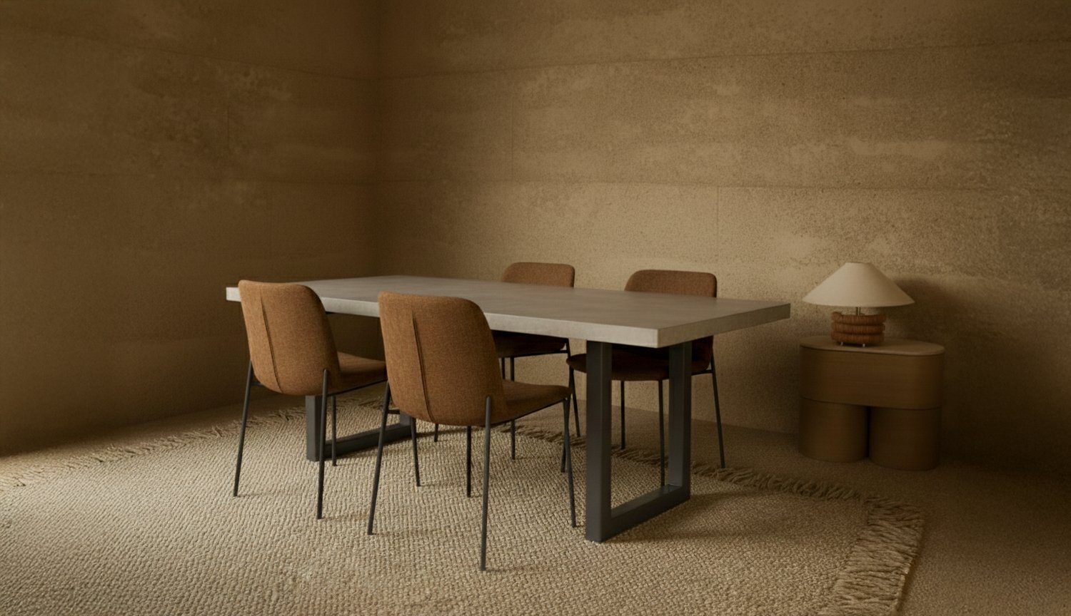 IronStone concrete dining table with rust-coloured upholstered chairs in a rammed-earth dining room