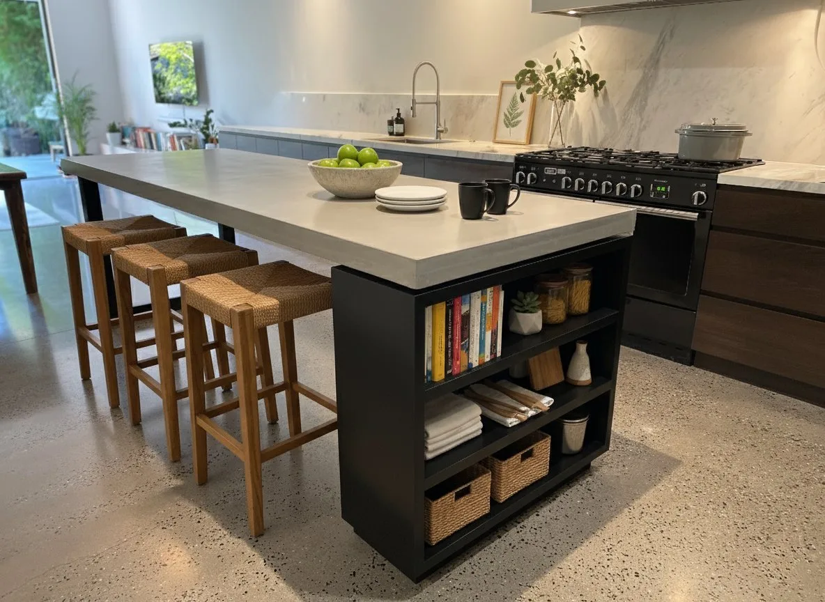 A SnapCo custom-built concrete kitchen island with full-depth pigmented top, rattan stools, and polished concrete floor in a Melbourne home