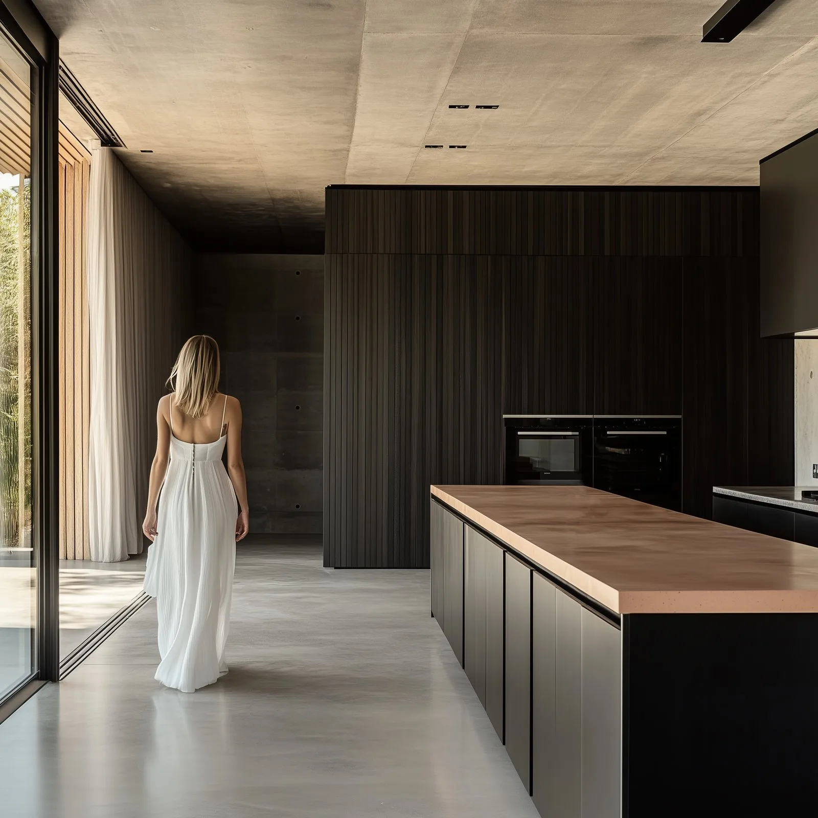 SnapCo concrete kitchen island in a salmon-orange pigment, an architectural commission