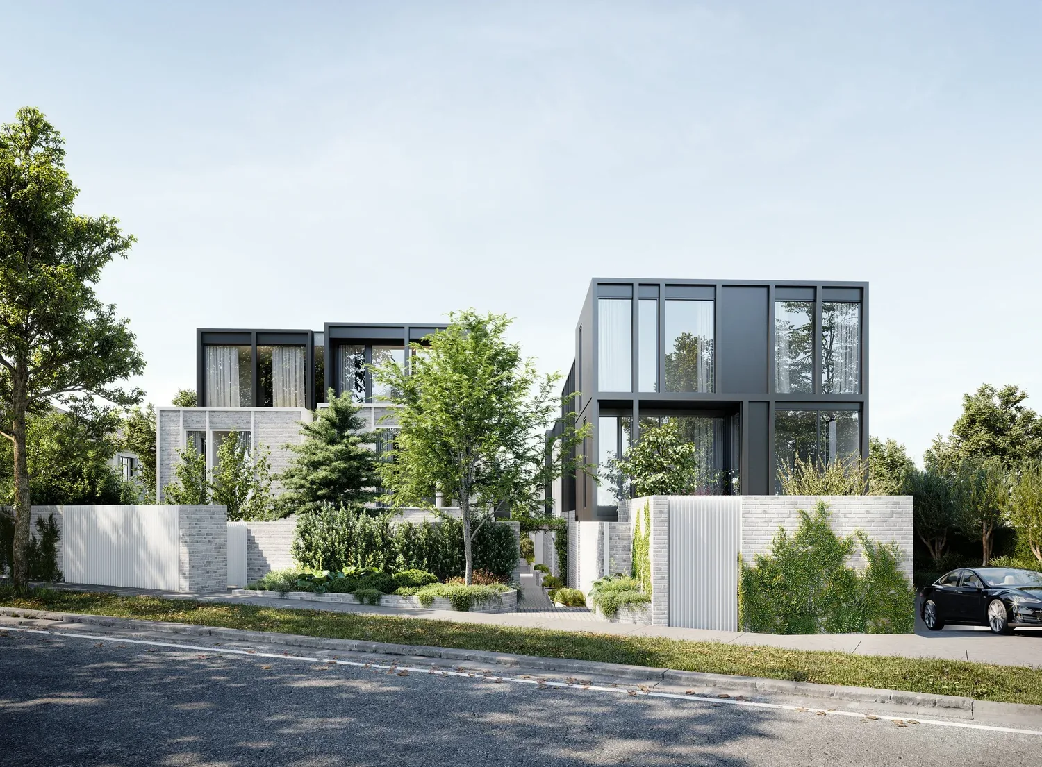 SnapCo concrete bench seats around the outdoor entertaining area at 93 Earl Street Kew, with white brick perimeter walls and the multi-residential apartments by Cera Stribley behind
