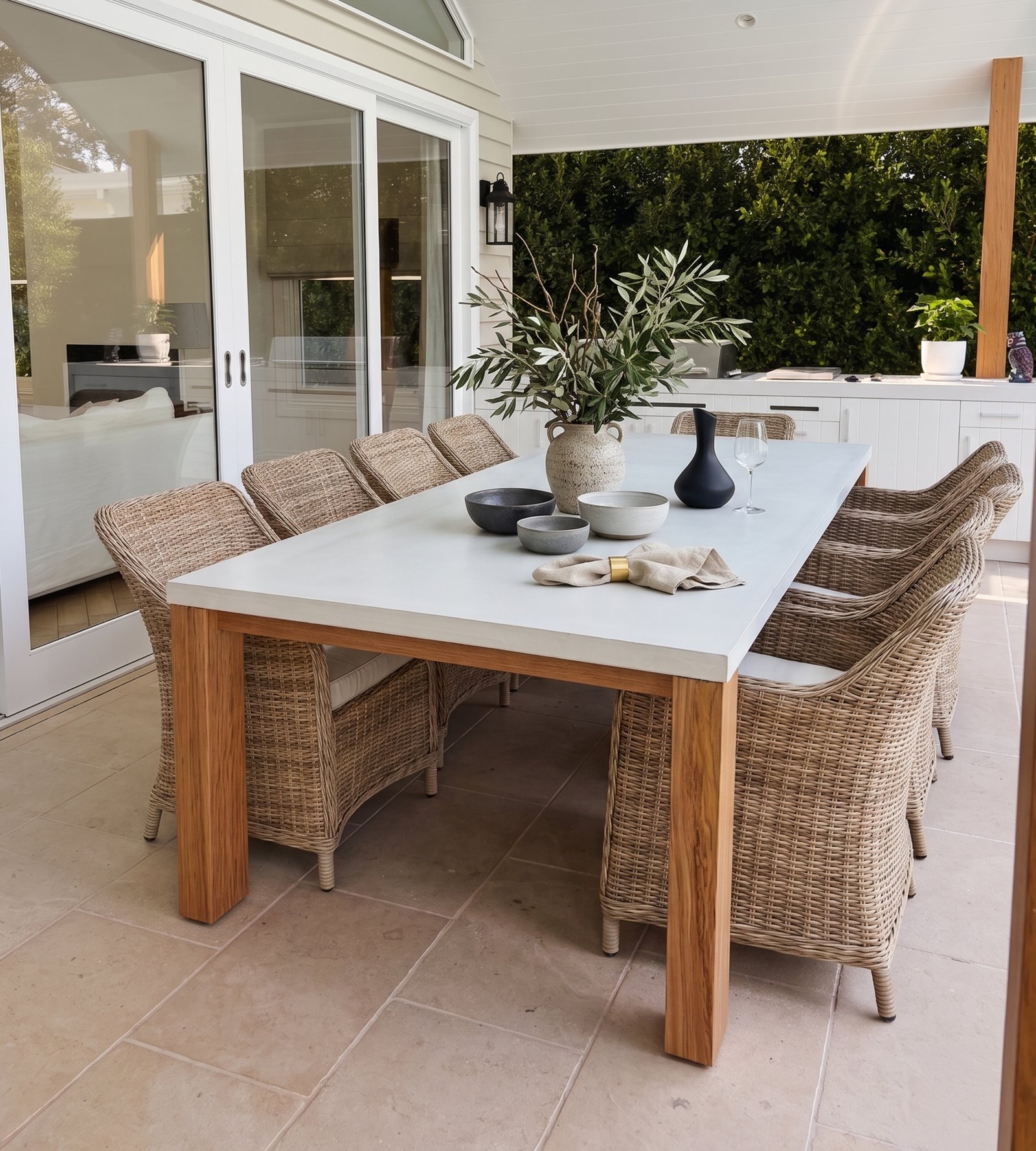 Laconian concrete dining table with white top and oak base on an undercover stone patio with wicker chairs and olive branches