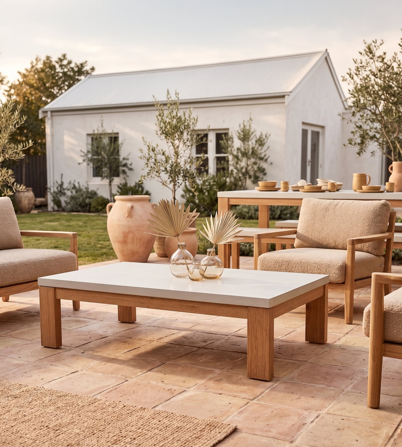 Laconian concrete coffee table with white top and oak base on a terracotta patio, with boucle armchairs and farmhouse beyond