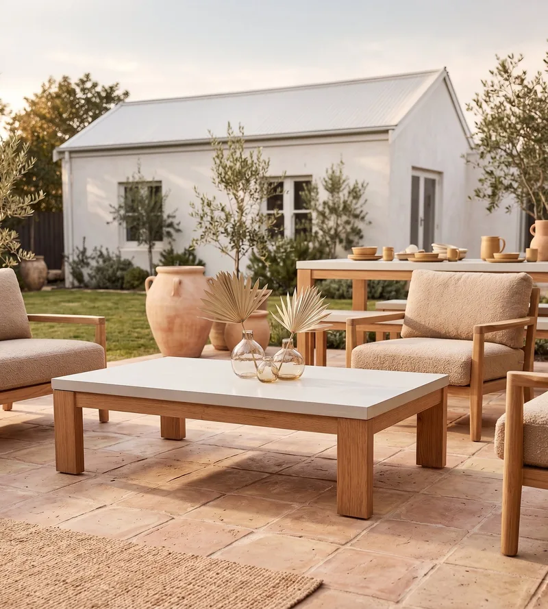Laconian concrete coffee table with white top and oak base on a terracotta patio, with boucle armchairs and farmhouse beyond