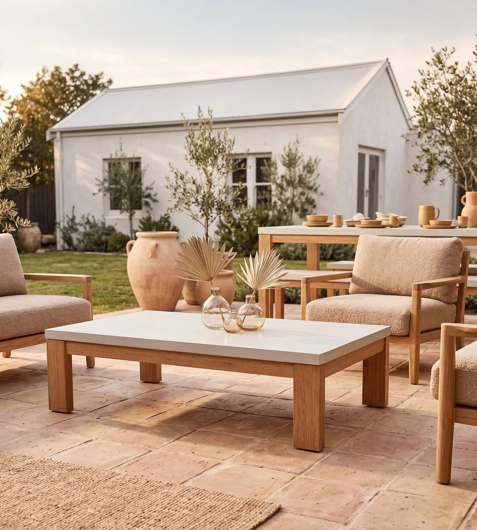 Laconian concrete coffee table with white top and oak base on a terracotta patio, with boucle armchairs and farmhouse beyond